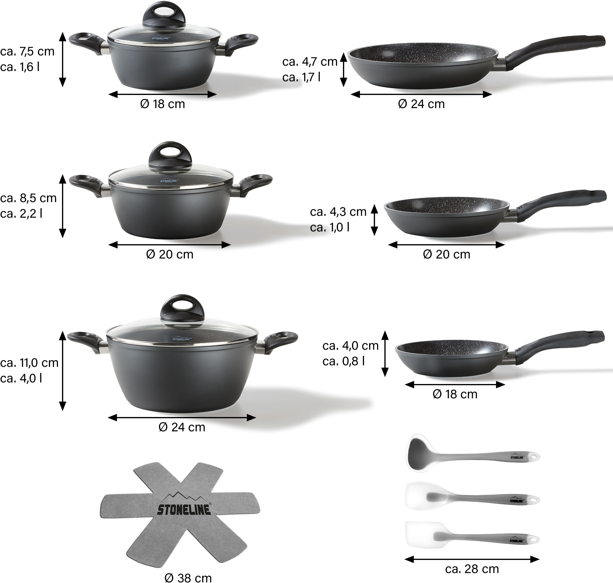 STONELINE Topf-Set, Aluminium, (Set, 14 tlg., Bratentopf 22 cm, je 1 Kochtopf 18/20 cm, je 1 Bratpfanne 16/20/24 cm), Keramik-Antihaftbeschichtung, Induktion