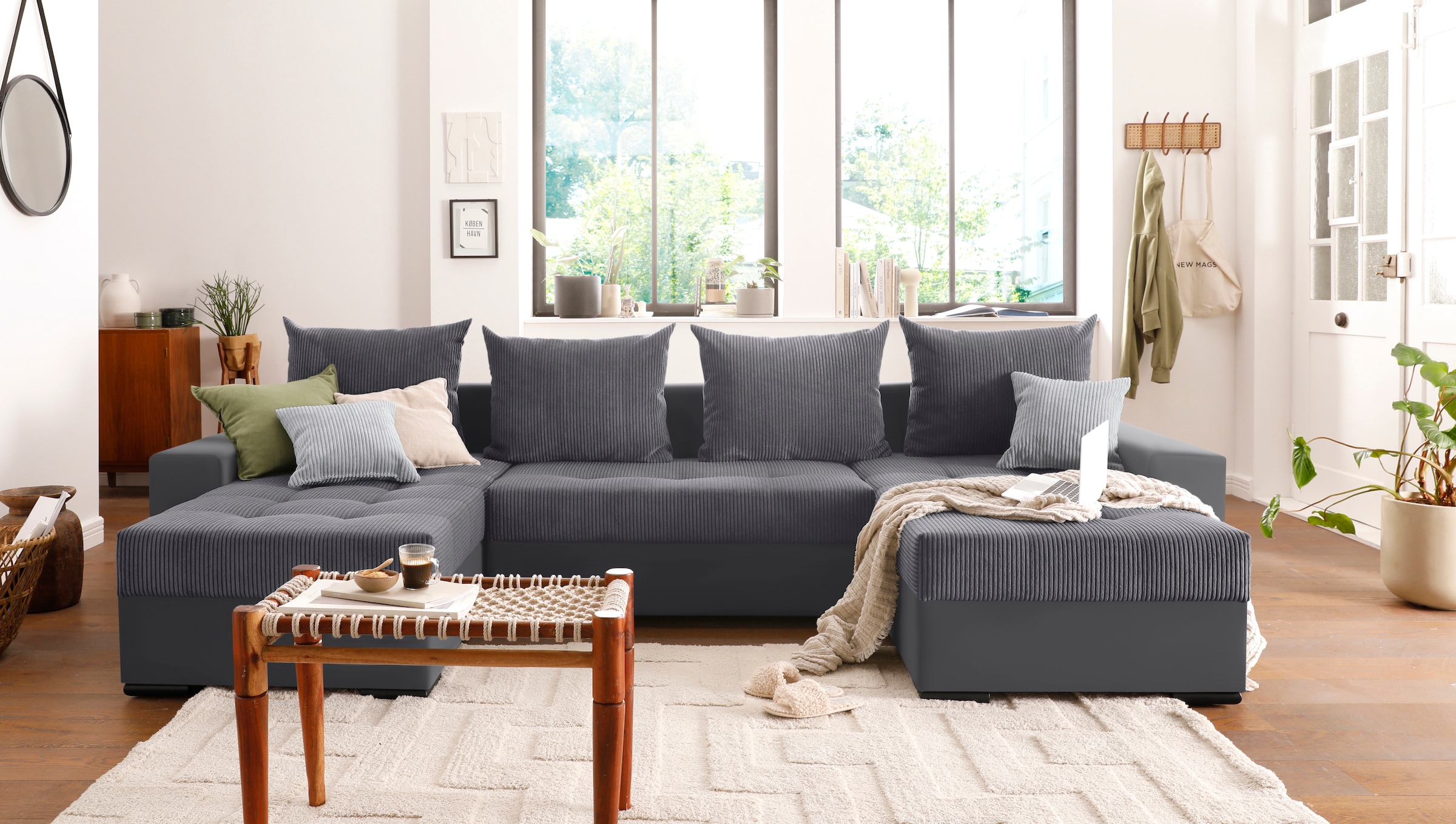 COLLECTION AB Wohnlandschaft »XL-Josy U-Form, Breite 313 cm, Cord-/Mix«, inkl. Bettfunktion, Bettkasten, mit 4 gleich grossen Rückenkissen