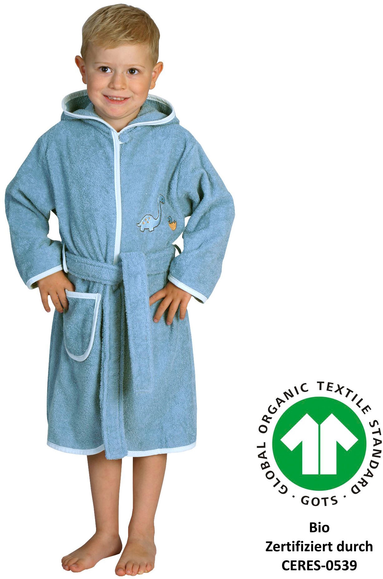 Wörner Kinderbademantel "Dinofamilie" 1 Stk. Biobaumwolle, mit Stickerei, mit Tasche