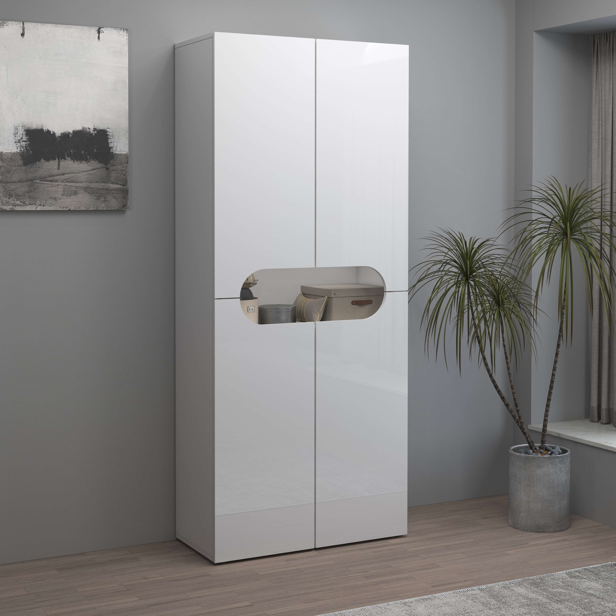 INOSIGN Schuhschrank »Real,Schuhschrank,Schuhkommode,Schuhregal,Breite 80 cm,Höhe 190 cm«, komplett Hochglanz lackiert, 4 Türen mit offenem Fach in ovaler Form