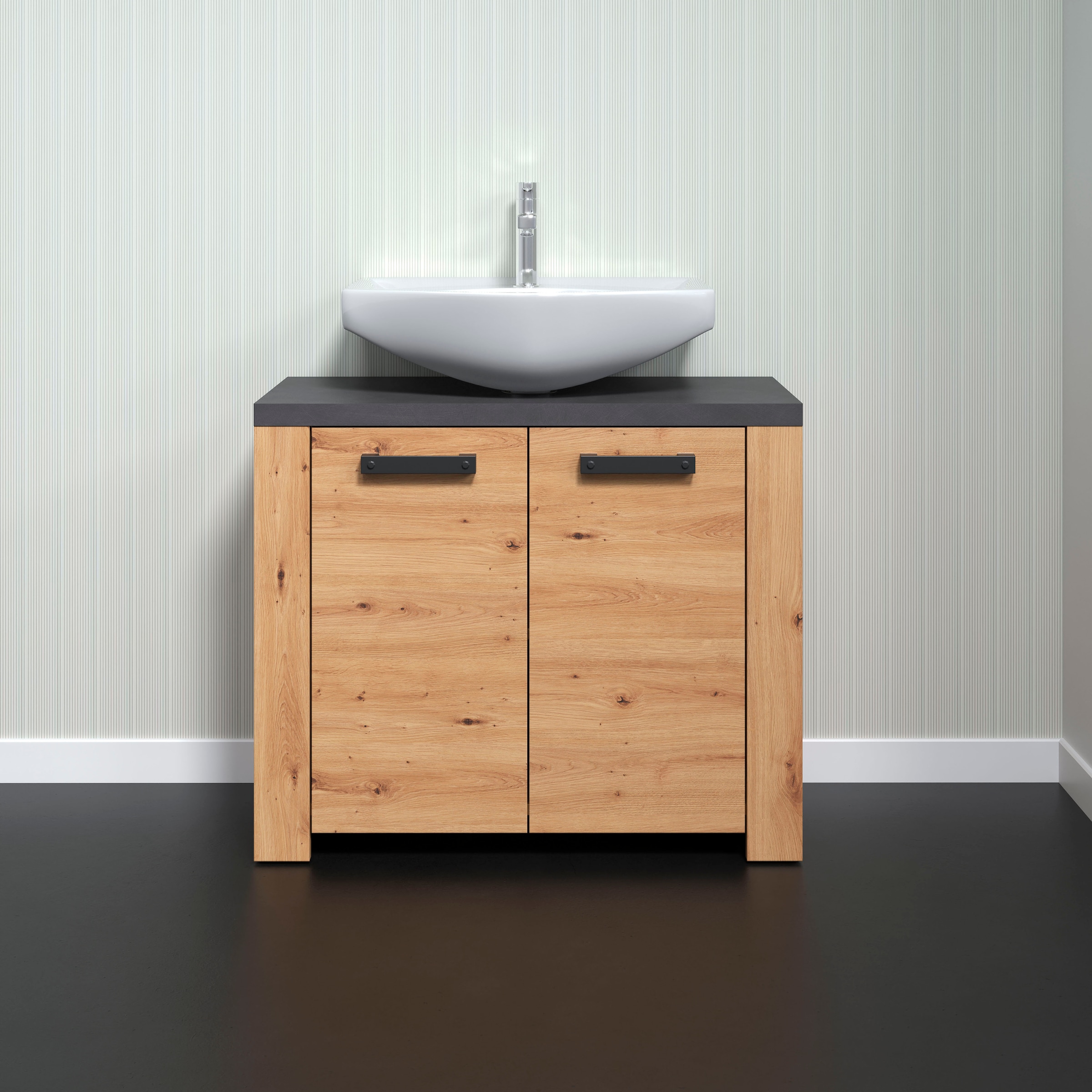 Home affaire Waschbeckenunterschrank »Ambres«, Waschtisch in matter Echtholzoptik - Masse (B/T/H) 79/35/67 cm