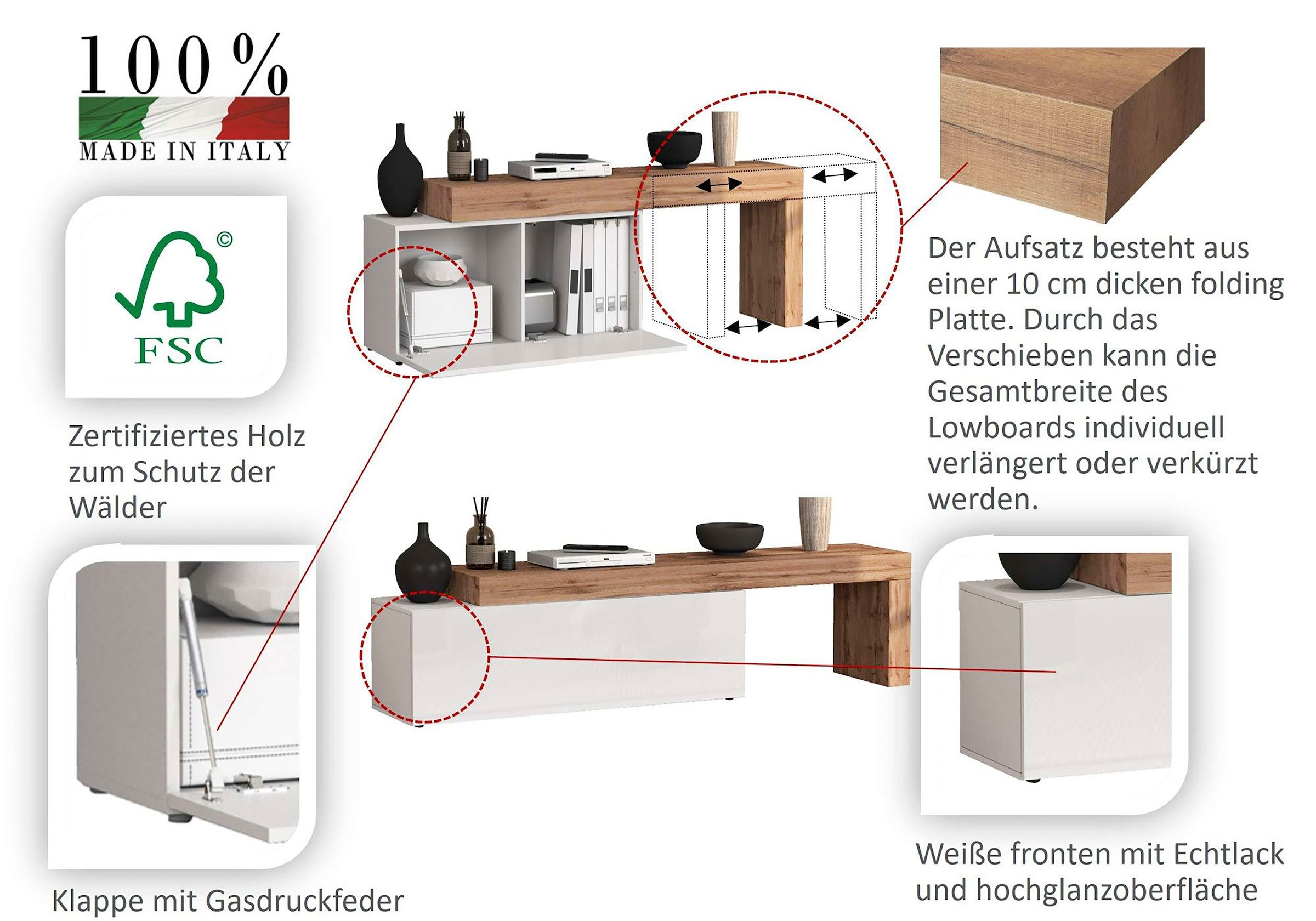 INOSIGN Lowboard »Chronos TV-Board, TV-Schrank«, (1 St., Breite verstellbar von 180 bis 260 cm), Breite 220 cm TV-Board,Lowboard,1 Klappe und ein L-Förmiger Aufsatz