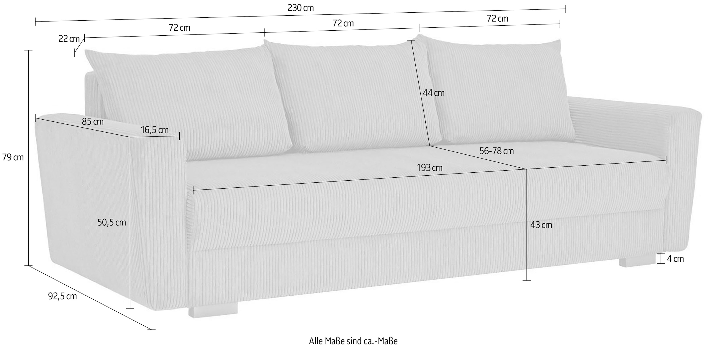 INOSIGN 3-Sitzer »MAGHERA Schlafsofa mit Bettkasten, in hochwertiger Verarbeitung«, mit Wellenunterfederung, pflegeleicht Material, B/H/T 230/92,5/79 cm
