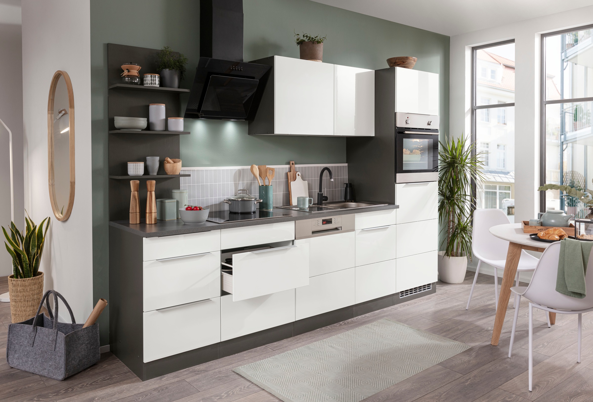KOCHSTATION Küchenzeile "KS-Brindisi Breite 280 cm" wahlweise mit E-Geräten und Induktion, mit MDF-Fronten und Regal