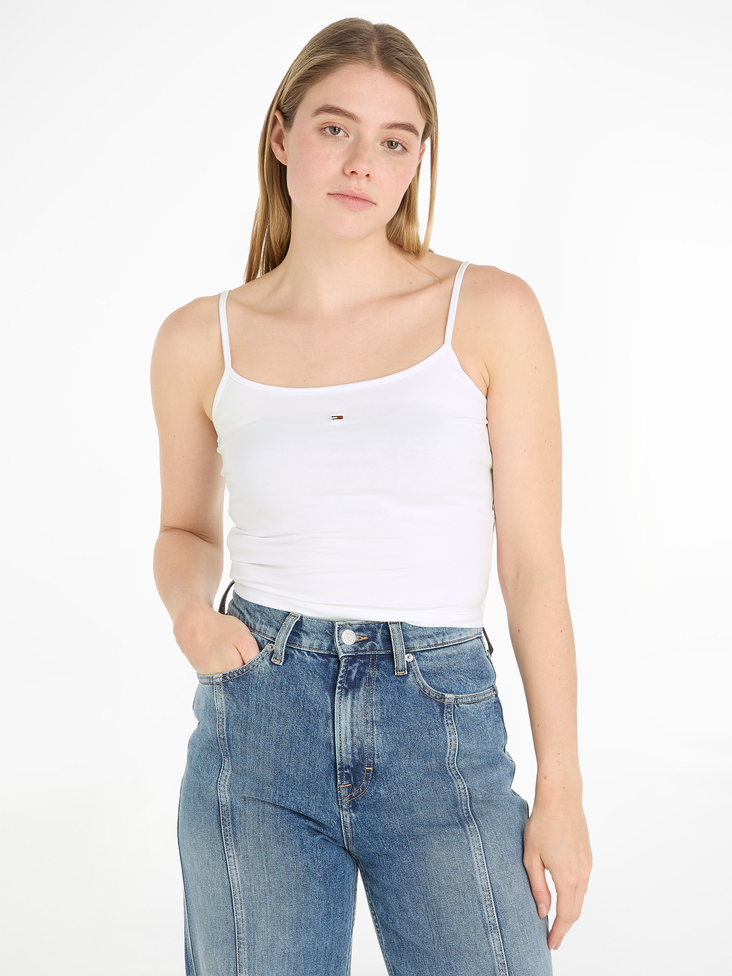 Tommy Jeans Spaghettitop »Crop Essential Strap Tank Top, kurz«, mit verstellbaren Spaghettiträgern Marken Logo