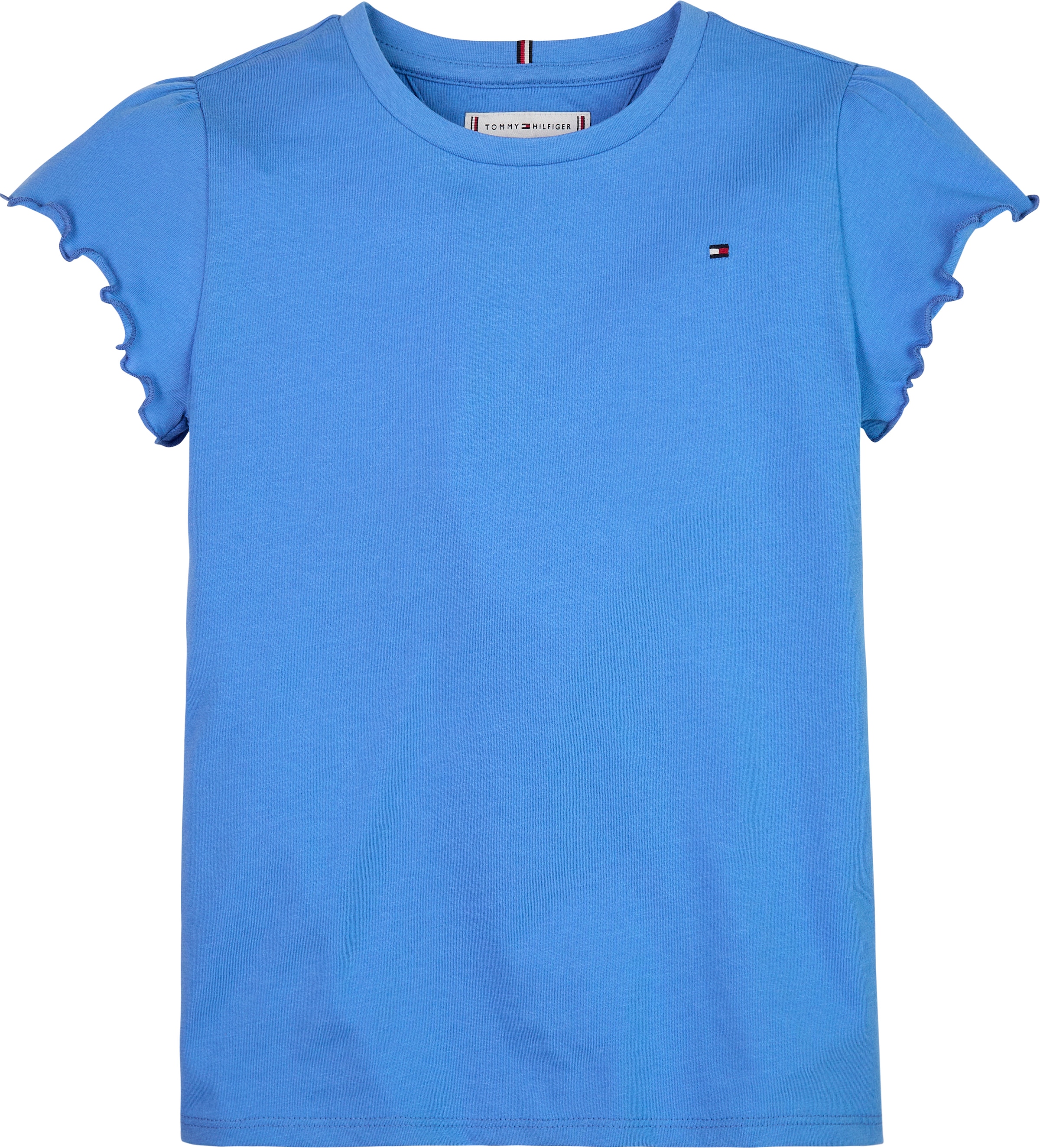 Tommy Hilfiger T-Shirt »ESSENTIAL RUFFLE SLEEVE TOP S/S«, mit Bogenkante, Logostickerei