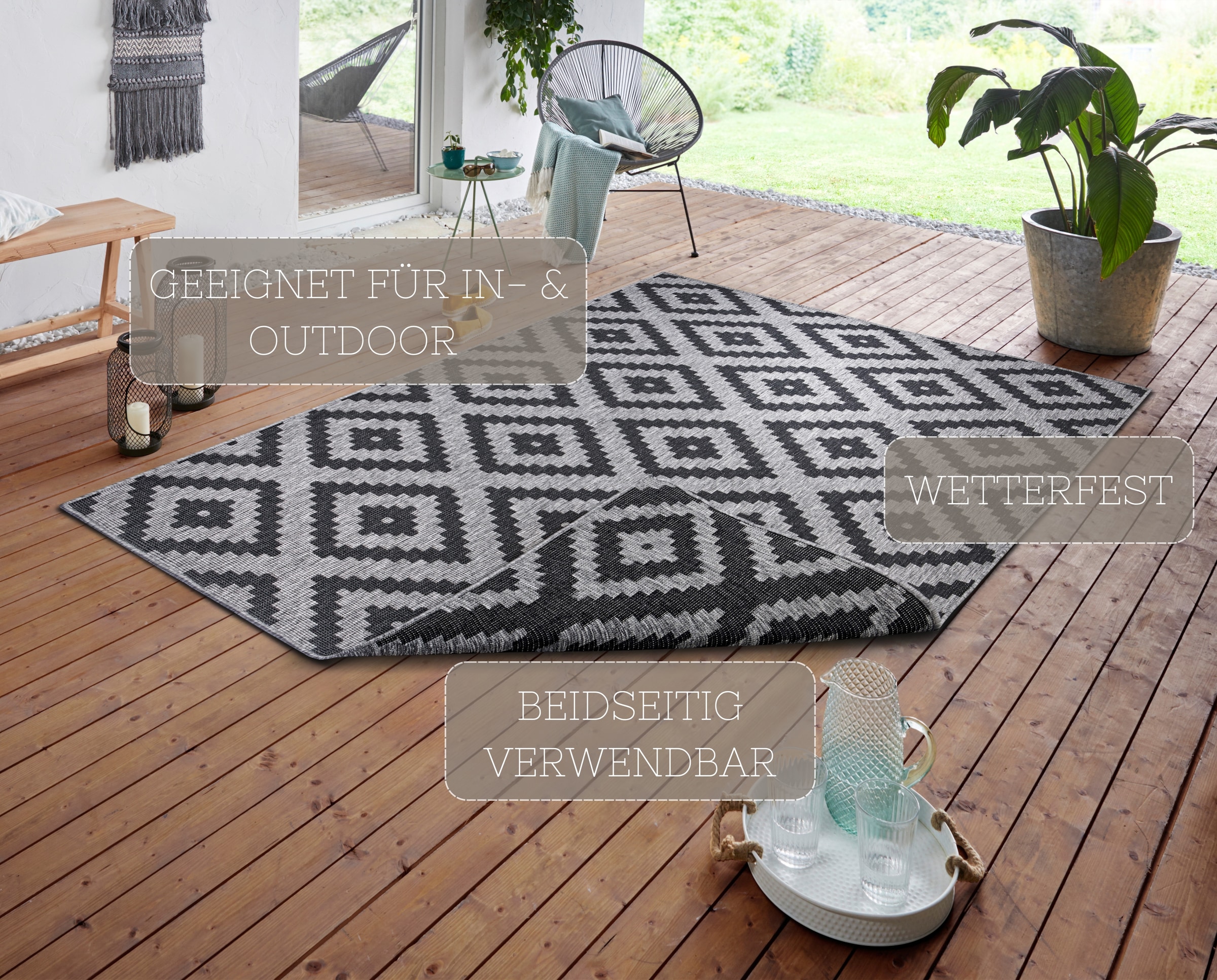 NORTHRUGS Teppich »Malta Wendeteppich«, rechteckig, 5 mm Höhe, In-& Outdoor, Wetterfest, Balkon, Terrasse, Raute, Läufer, Wohnzimmer