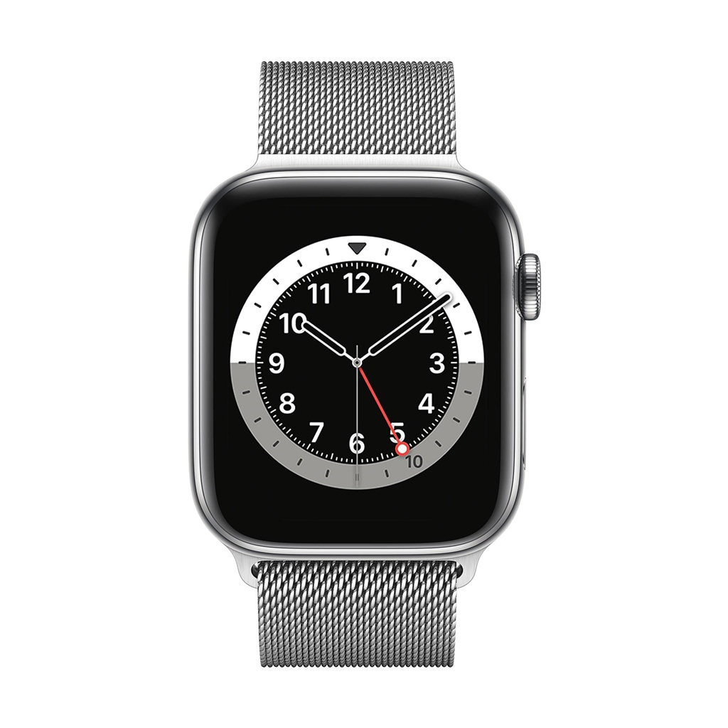 Apple Smartwatch »Serie 6, GPS, 44 mm Edelstahl-Gehäuse mit Milanaise-Armband«, (Watch OS M09E3FD/A)