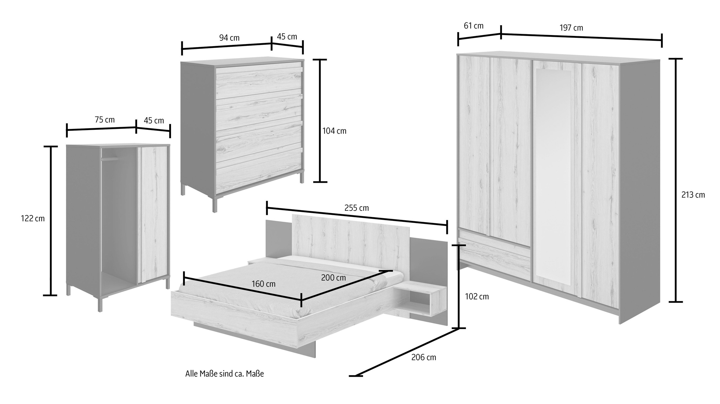 Gami Schlafzimmer-Set »Mimizan«, (4 tlg., Bett, 2x Nachttische, Kleiderschrank, Kommode, Garderobenschrank)