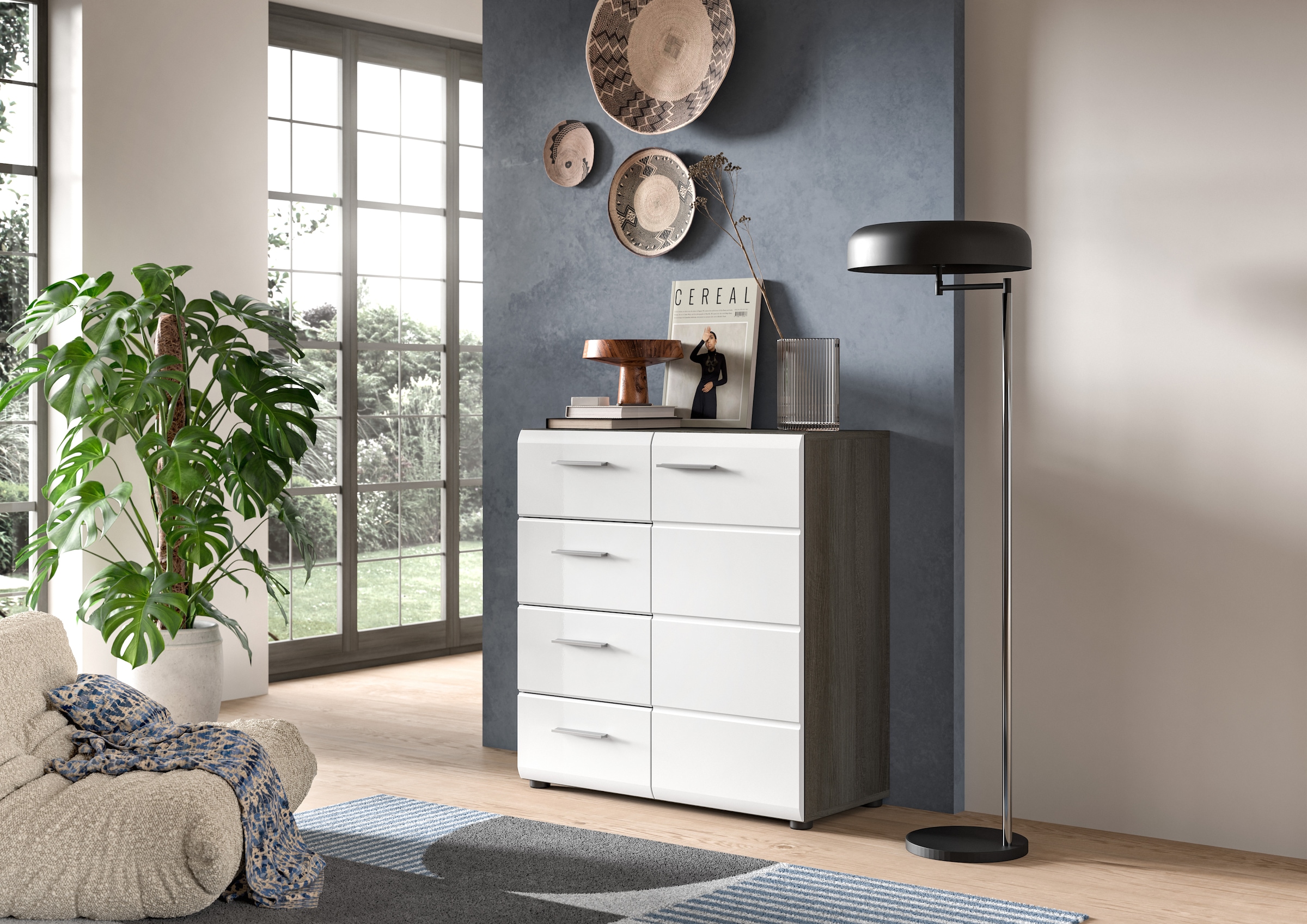 INOSIGN Kommode »Rumba, Breite 80cm, in Rauchsilber Nachbildung/Weiss Hochglanz« Kommode, Sideboard, Schrank
