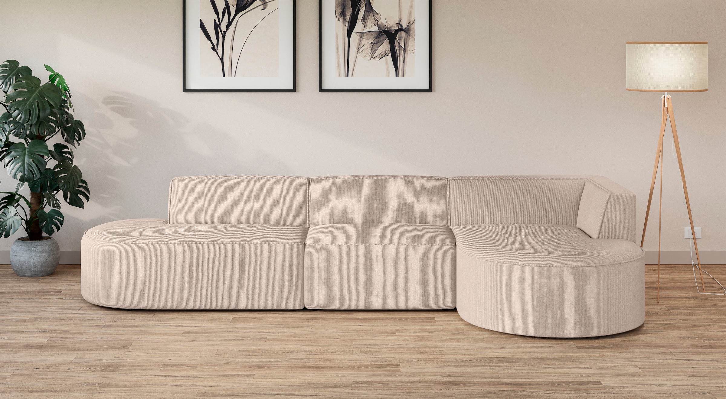 andas Ecksofa »EIVIND Designer Sofa mit Ottomane rechts/links, B/T/H: 343/159/72 cm«, L-Form mit Wellenunterfederung, auch in Feincord und Bouclé