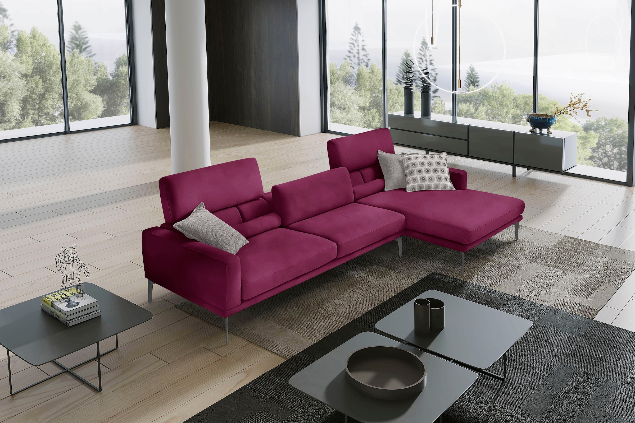 Egoitaliano Ecksofa "Masu, Design trifft sensationellen Sitzkomfort, Breite 277cm, L-Form" inkl. 2 Kissenrollen, Rückenelemente manuell verstellbar, Metallfüsse