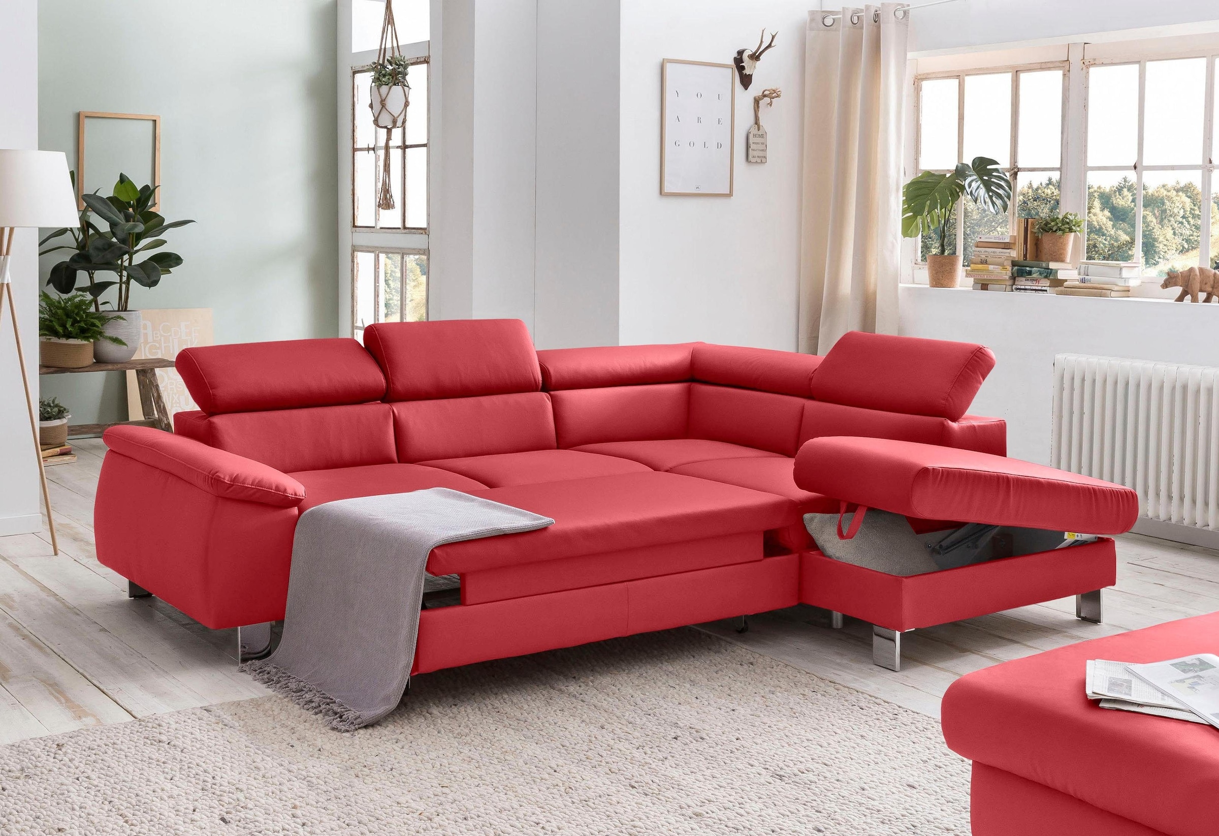 COTTA Ecksofa »Komaris L-Form mit Kopfteilverstellung«, wahlweise mit Bettfunktion, Bettkasten & Beleuchtung