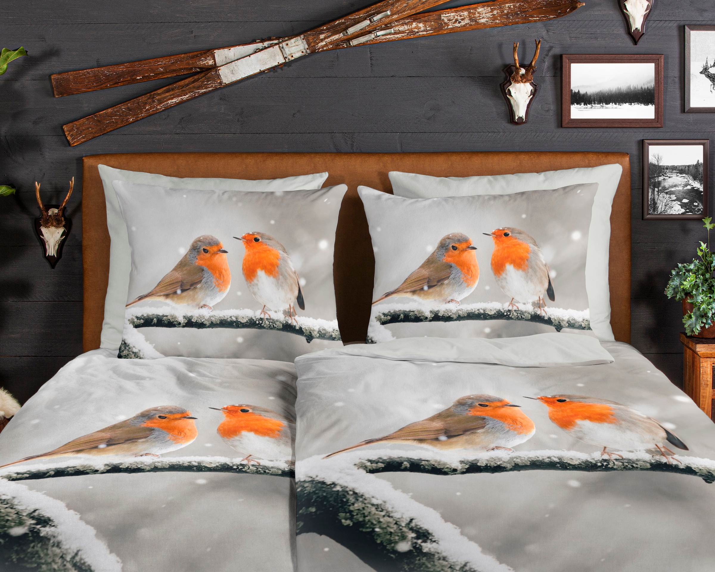 good morning Wendebettwäsche »Greets«, Biber, 135x200, Warm, Weich, Wendeoptik, Reissverschluss, Vogel, Grau
