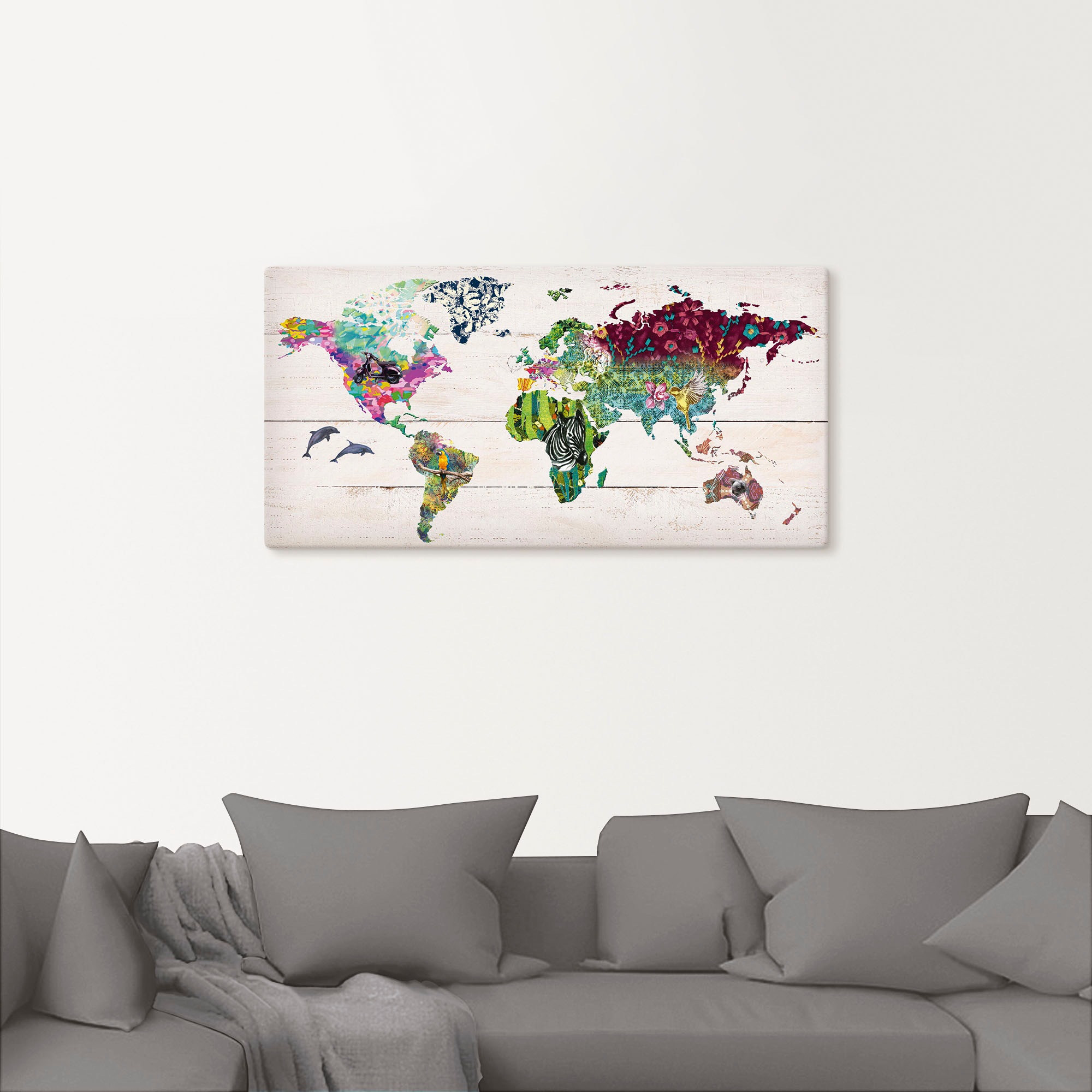 Artland Wandbild »Bunte Welt auf hölzernem Untergrund«, Landkarten, (1 St.), als Leinwandbild, Poster in verschied. Grössen
