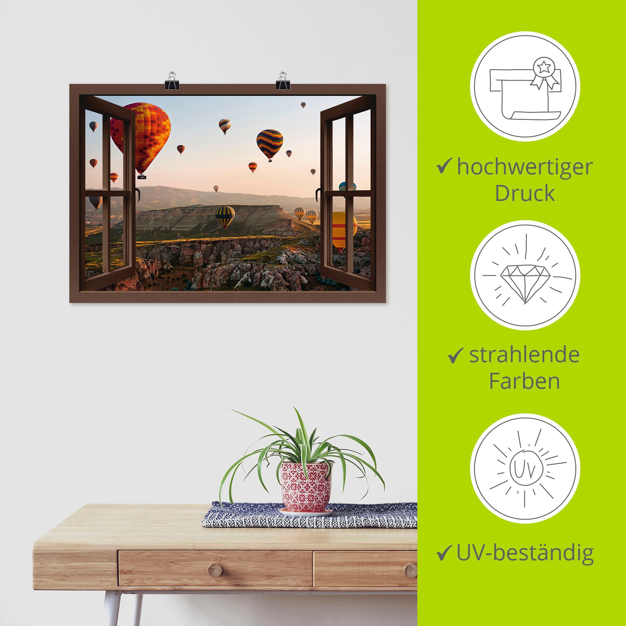 Artland Wandbild »Fensterblick Kappadokien Ballonfahrt«, Ballonfahren, (1 St.), als Leinwandbild, Poster, Wandaufkleber in verschied. Grössen