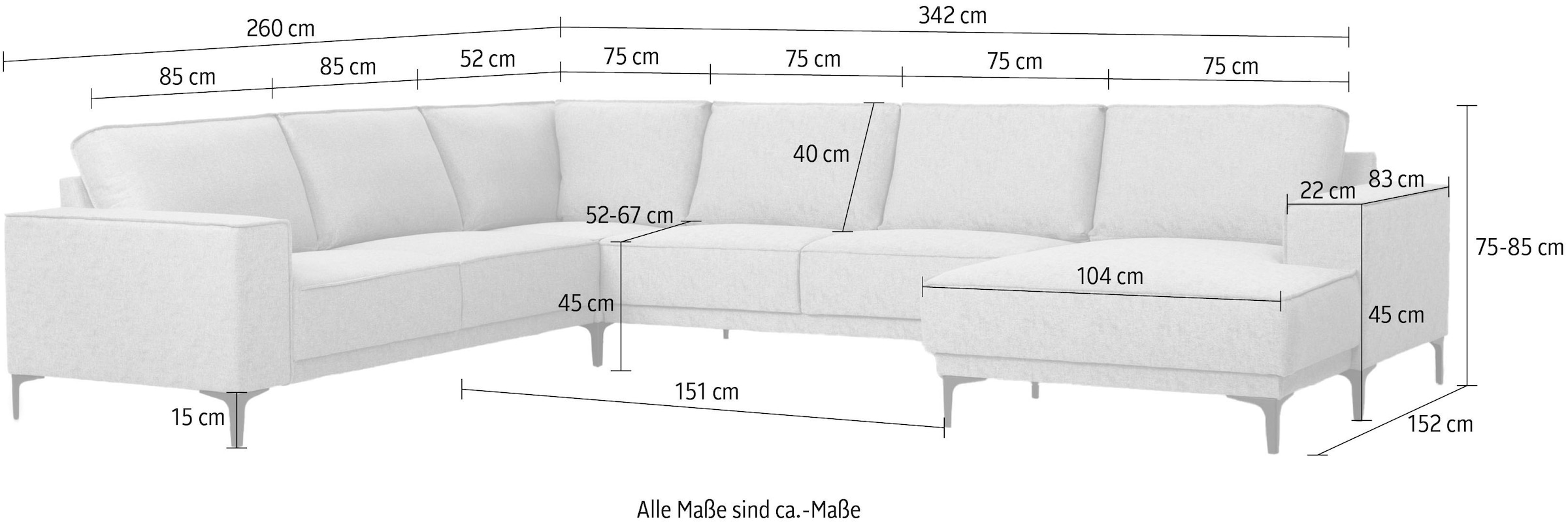 Places of Style Wohnlandschaft »XXL Sofa Oland, Struktur, Flachgewebe, Luxus-Microfaser, Boucle«, U-Form, 342 cm, Wellenunterfederung, Skandi-Design, Metallfüsse