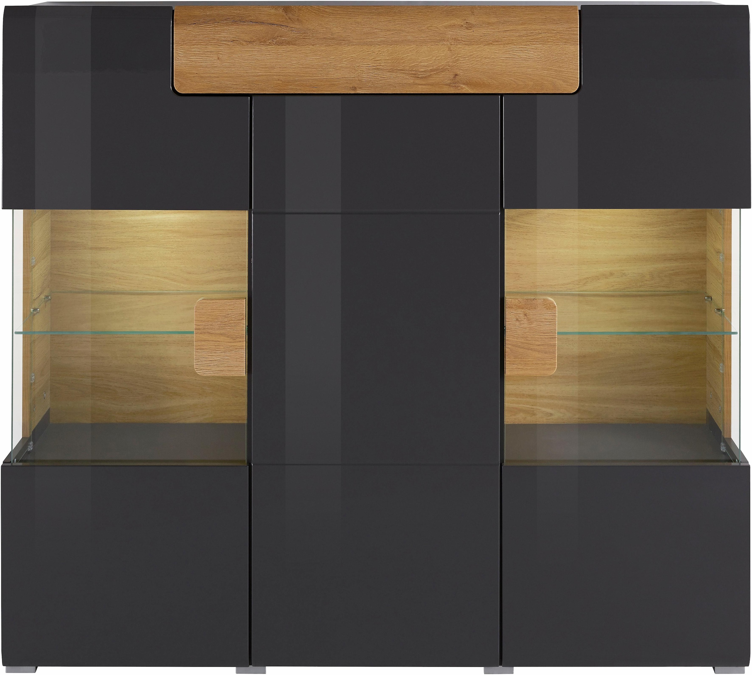 INOSIGN Highboard »Toledo,Breite 147,5cm,trendige Hochkommode mit 3Türen und Schublade«, Hochschrank mit Glas-Partien,stylische Hochglanzfronten