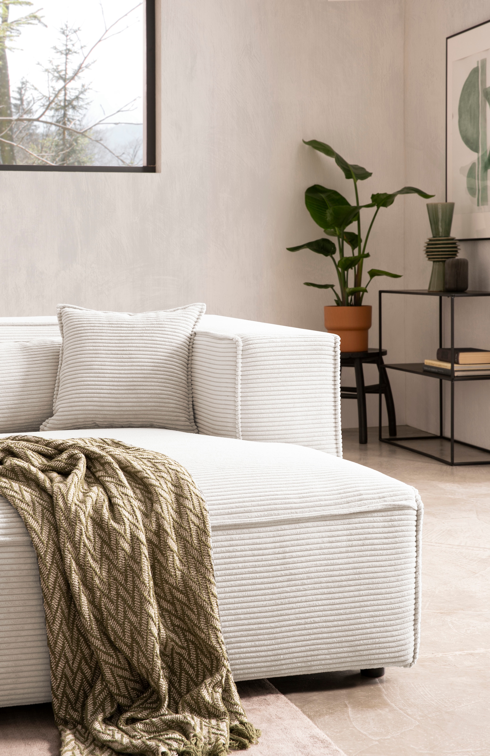 LeGer Home by Lena Gercke Ecksofa »PIARA mit Kedernaht in Cord oder Leinenoptik, moderne Couch in L-Form«, wahlweise Ottomane rechts/links, schwarze Füsse, bequemer Sitzkomfort