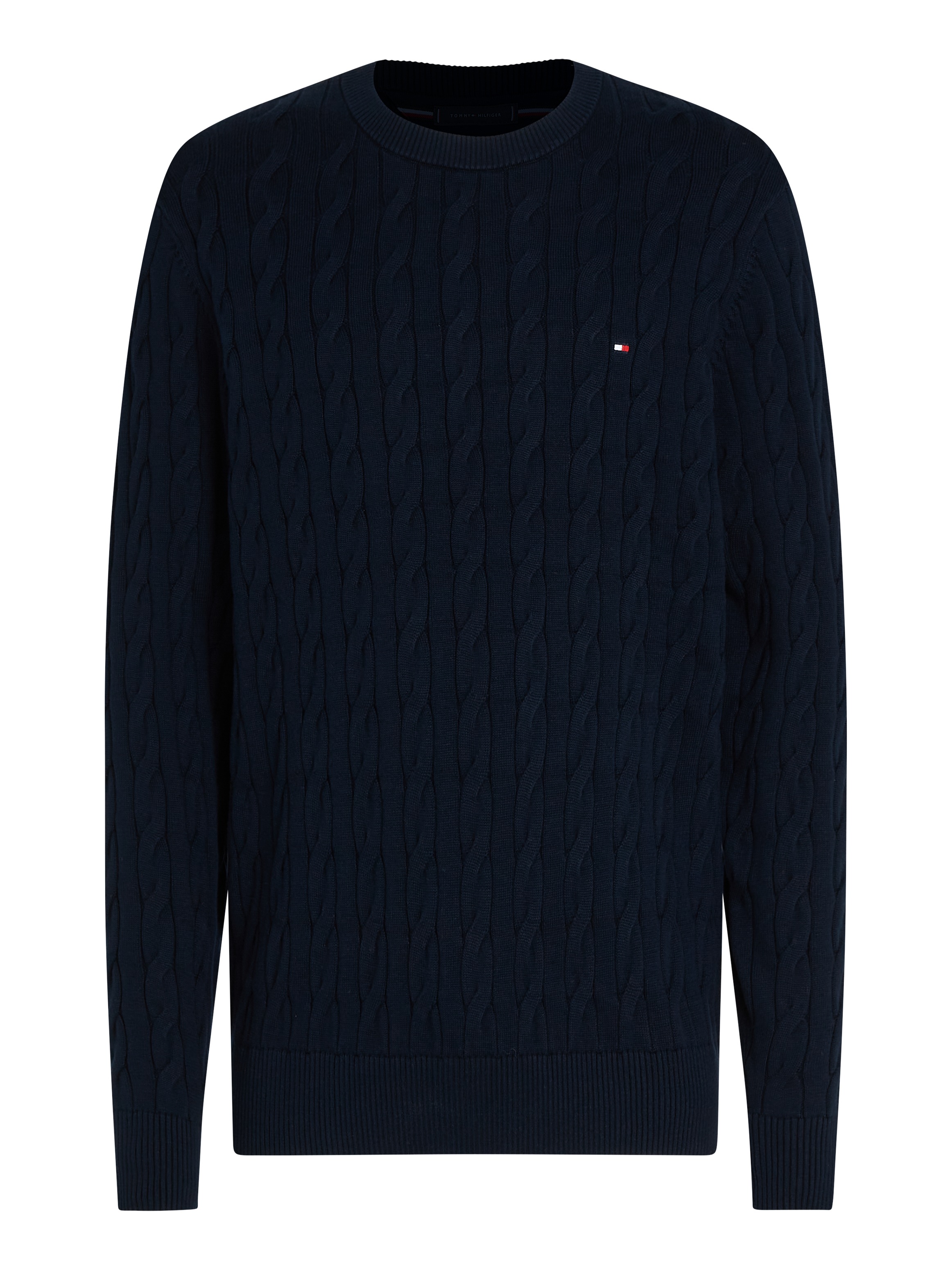 Tommy Hilfiger Strickpullover »CLASSIC CABLE CREW NECK mit Strukturstrick und Flaglabel«, unifarben, casual, regular fit, Baumwolle, Rundhals