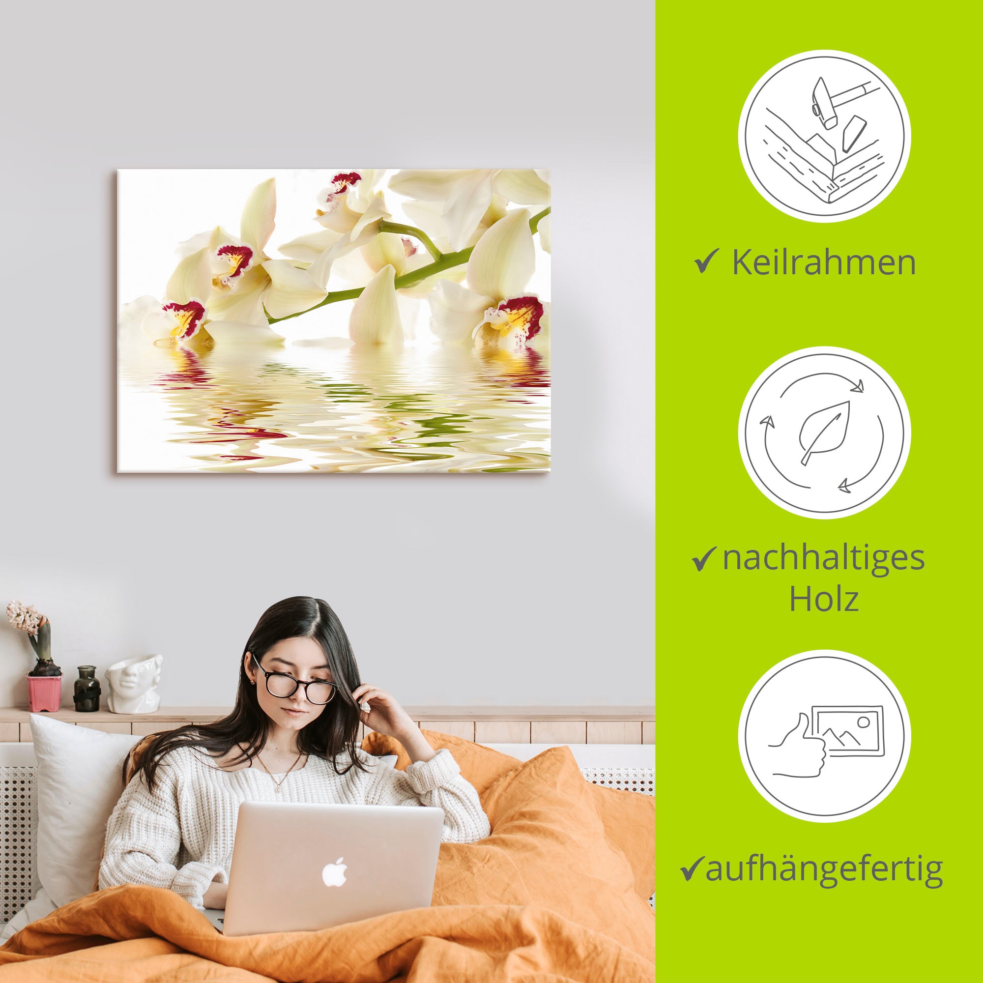 Artland Wandbild »Weisse Orchidee mit Wasserreflektion«, Blumen, (1 St.), als Leinwandbild, Poster in verschied. Grössen