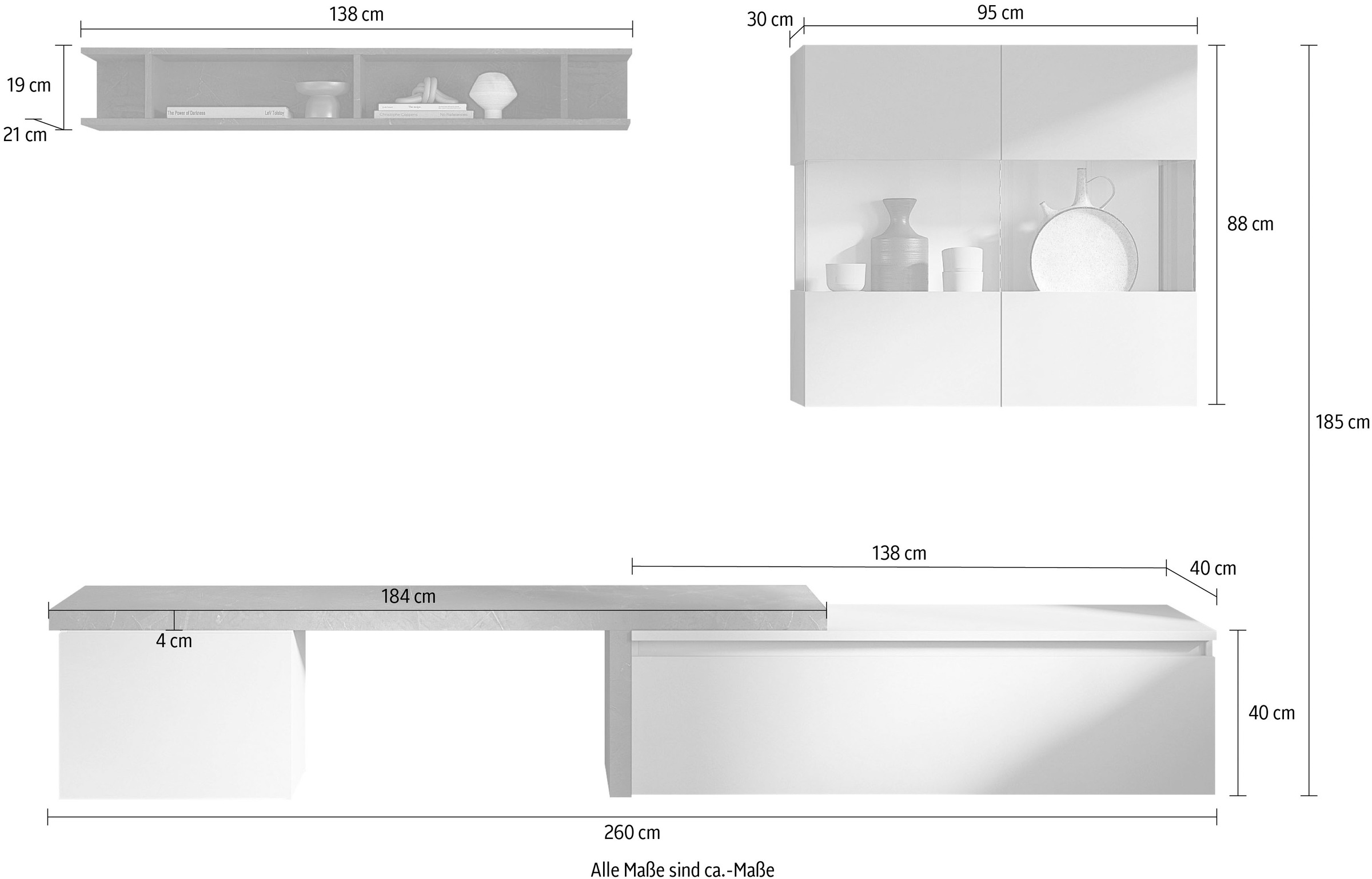 INOSIGN Wohnwand »INFINITY, 5tlg. Breite 260 cm, moderne Mediawand (Lowboard,«, (5 St.), T-Boden, Würfel-Element, Hängevitrine, Wandregal)