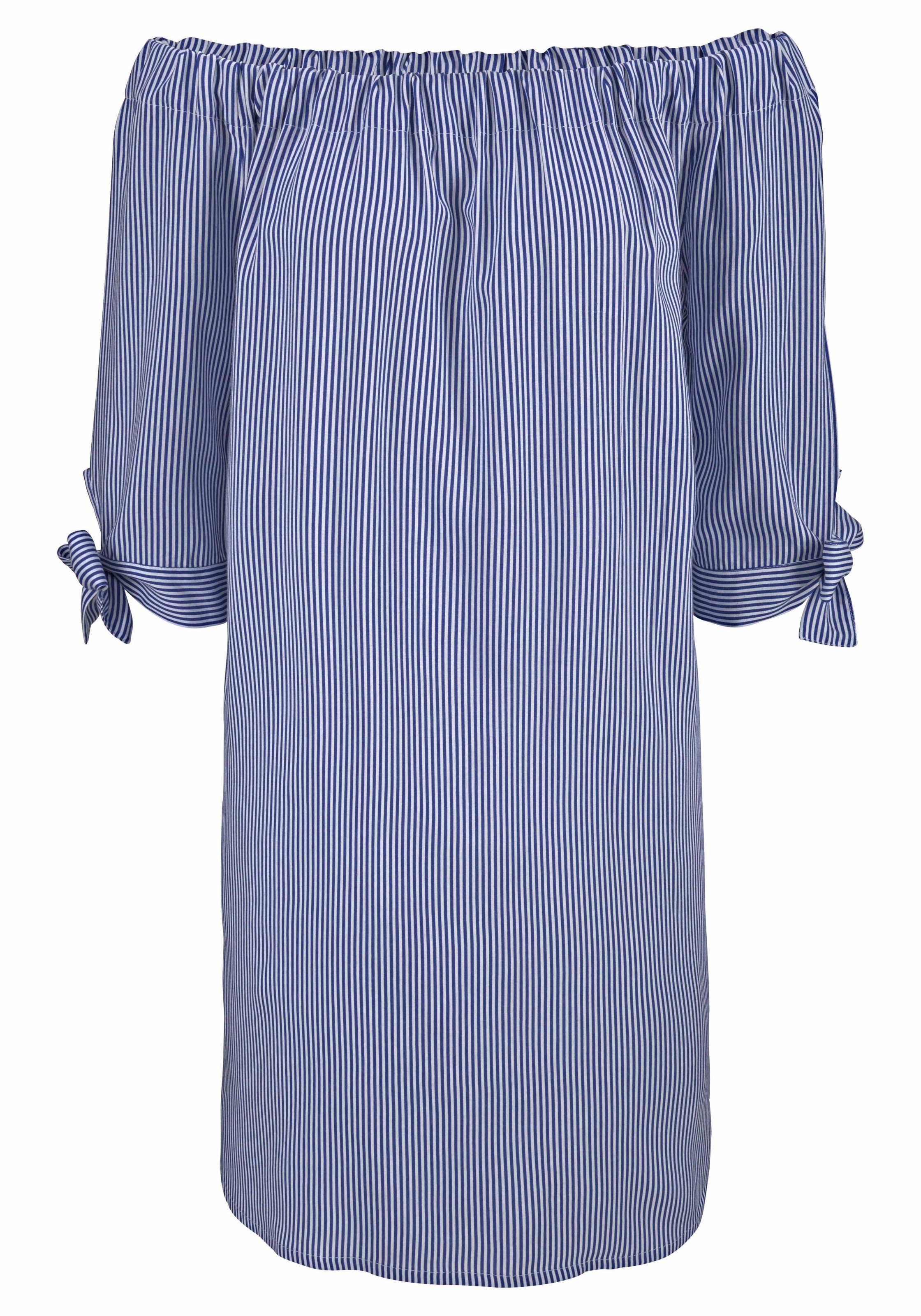 LASCANA Strandkleid "mit Carmenausschnitt und 3/4-Ärmeln aus gewebter Viskose, Blusenkleid" Ohne Taschen luftiges Sommerkleid, Streifenkleid mit lockerer Passform, casual