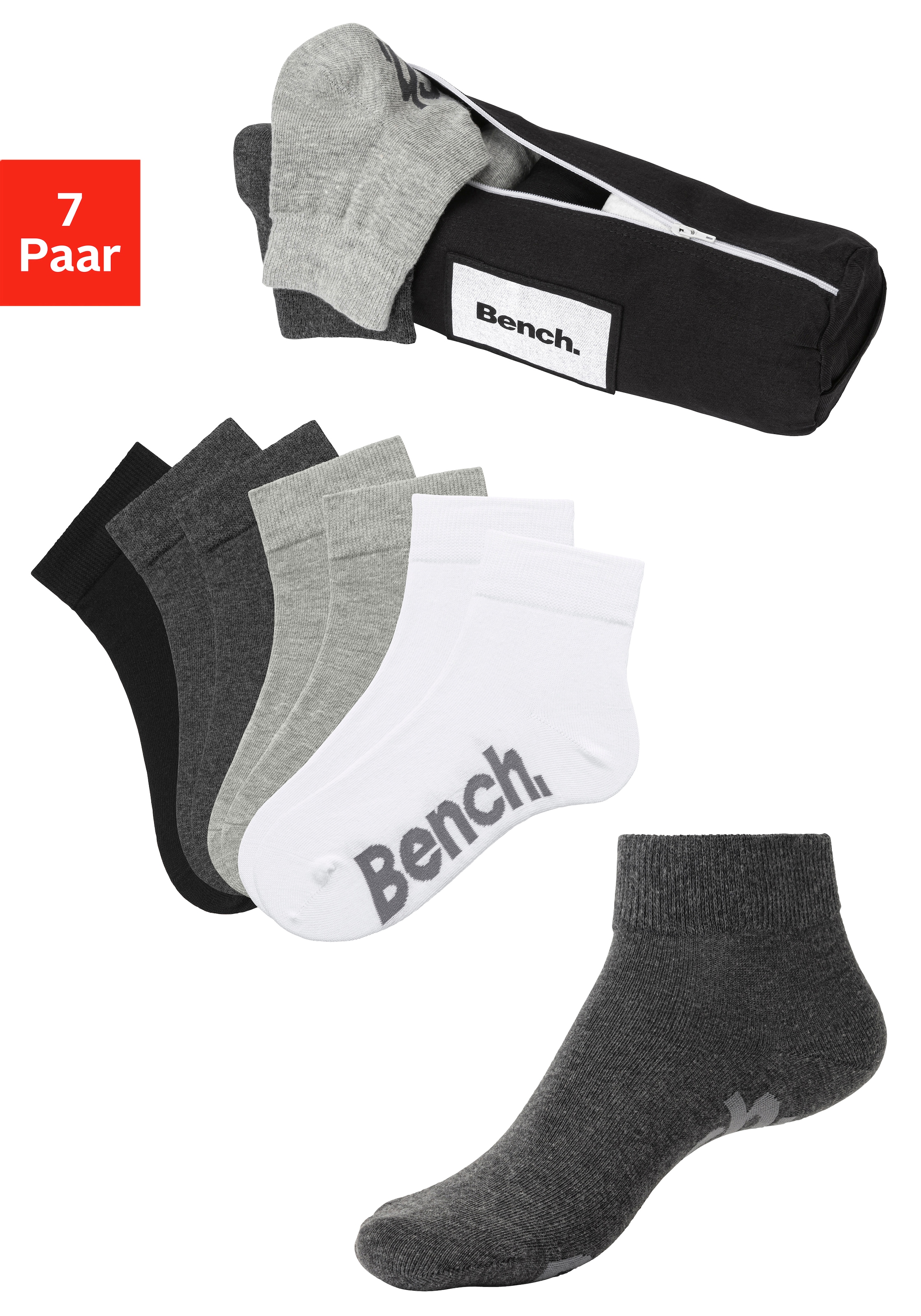 Bench. Kurzsocken, (Federtasche, 7 Paar), in ansprechendem Mäppchen mit Reissverschluss