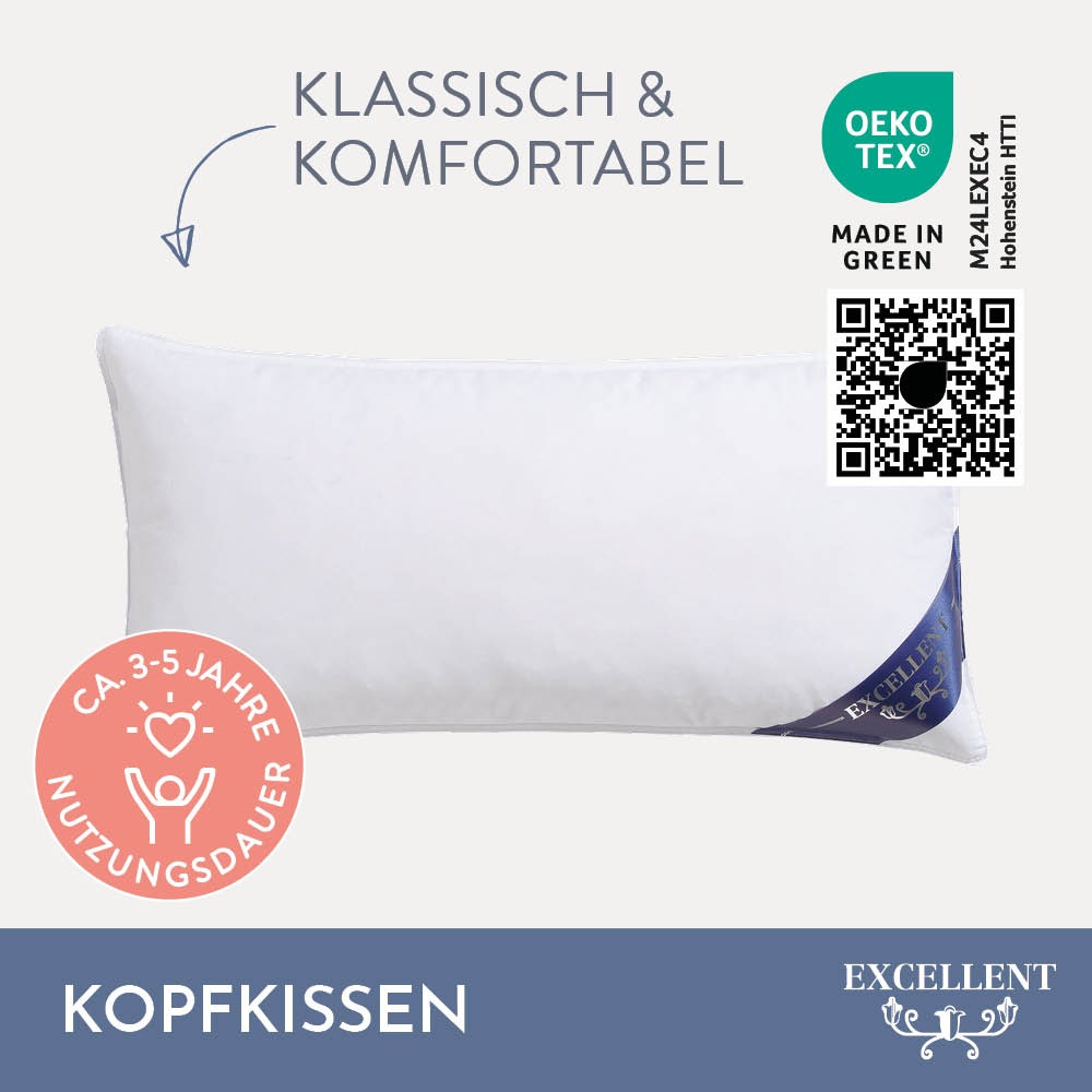 Excellent Federkopfkissen »Zürich, Kopfkissen in 40x80 und 80x80«, Füllung: 70% Federn, 30% Daunen, Bezug: 100% Baumwolle, (1 St.), allergikerfreundliches Kissen mit Daunenanteil