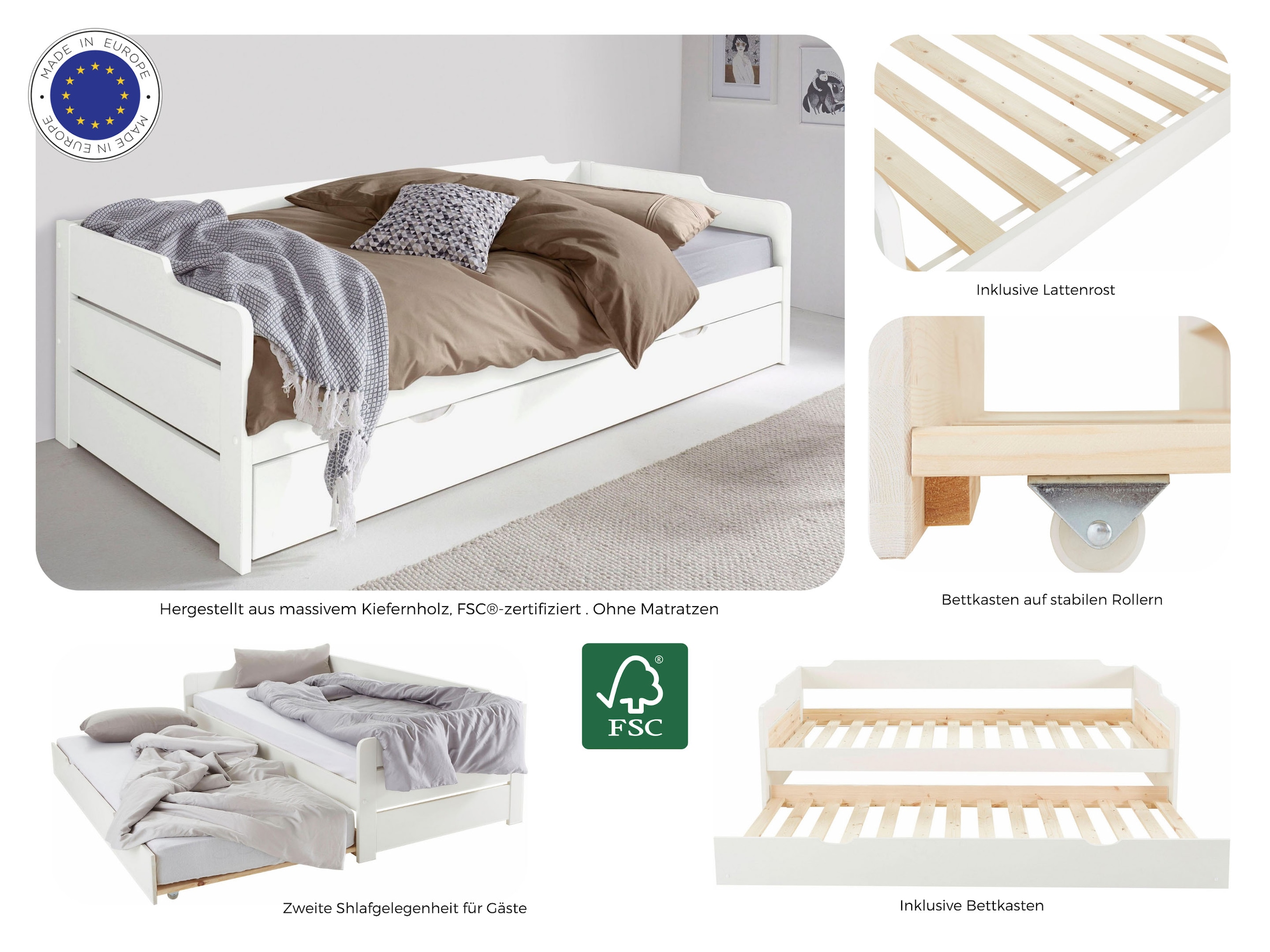 Home affaire Daybett »"REETE " BESTSELLER! Funktionsbett, Kinderbett, inklusive Schubkasten«, (2 Schlafplätze), FSC® zertifiziertes Massivholz (Kiefer), klassischer Landhausstil