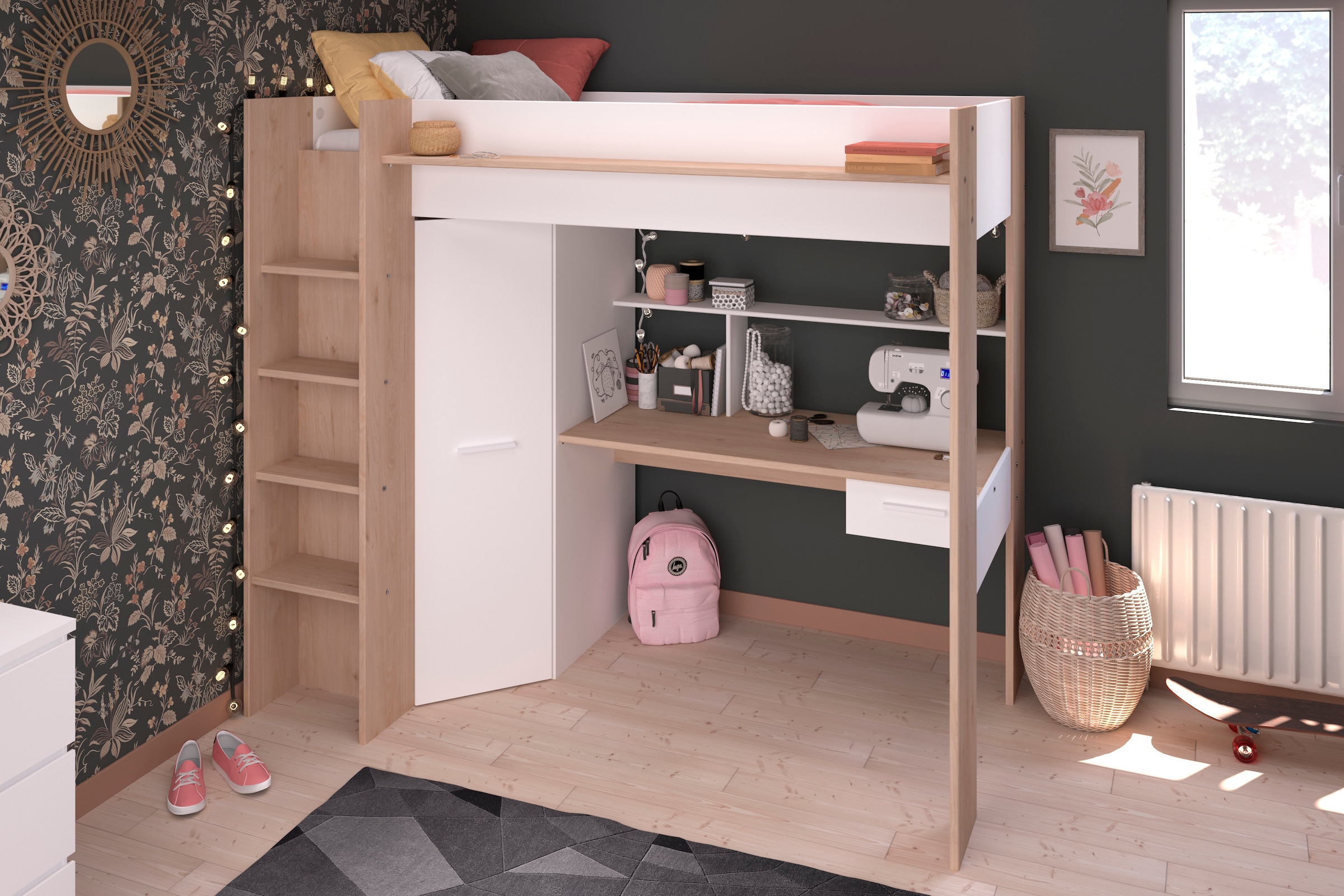 Parisot Hochbett »Heavy«, ALL-IN-ONE, mit Kleiderschrank, Schreibtisch, Leiter, Stauraum