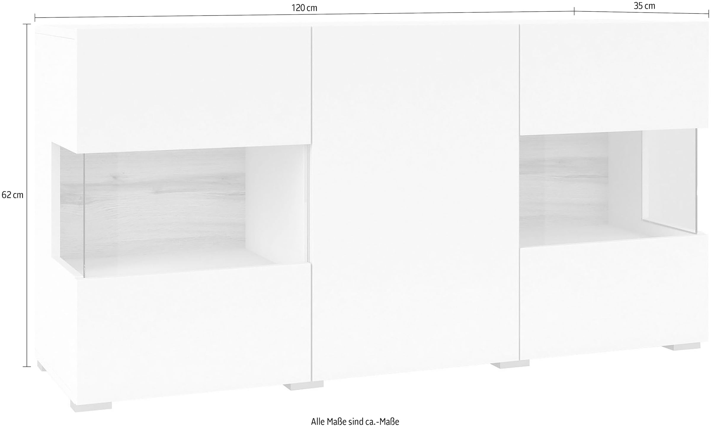 INOSIGN Sideboard »Ava, Breite 120 cm, hängend und stehend montierbar«, moderne grifflose Kommode, Anrichte, 3Türen, Eckverglasung