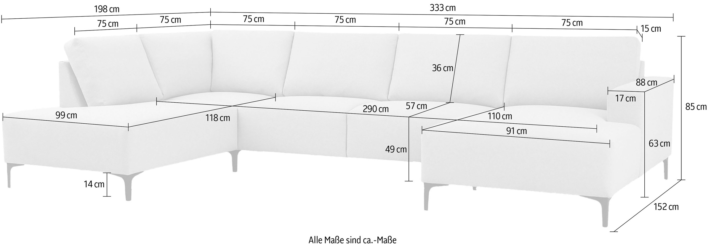 Home affaire Wohnlandschaft »Tournon U-Form, XXL Sofa, Breite 333 cm, Webstoff, Chenille«, Designsofa im nordischen Stil, Wellenunterfederung, Metallfüsse