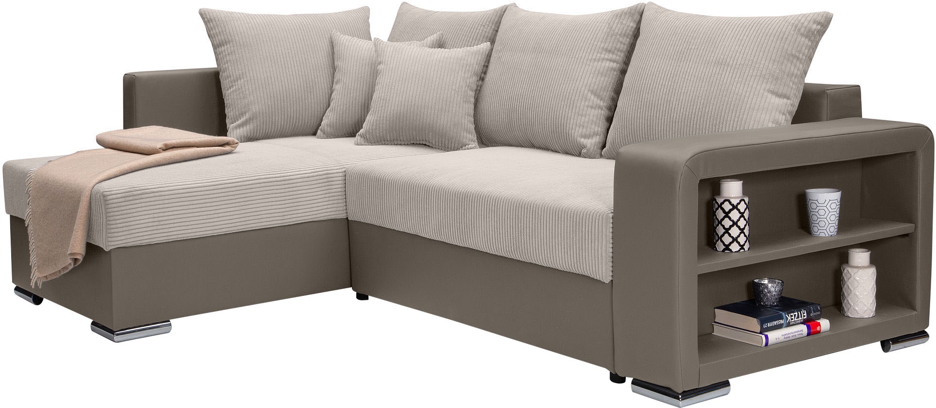 COLLECTION AB Ecksofa »John L-Form«, Regalarmlehne,Bettfunktion,Bettkasten,Ottomane beiseitig montierbar
