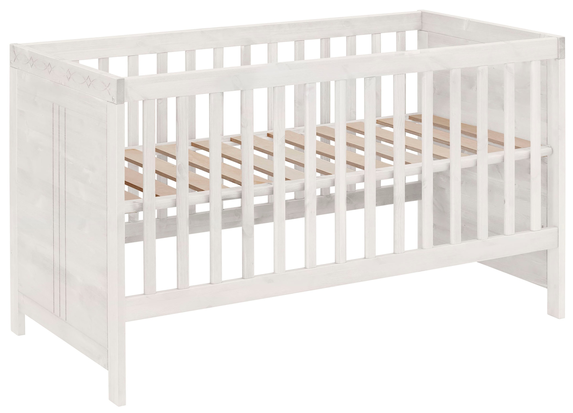 Lüttenhütt Babybett »Indra, Schlupfsprossen, 4-fach verstellbare Liegehöhe,«, FSC® zertifiziertes Massivholz, Landhausstil mit tollen Details