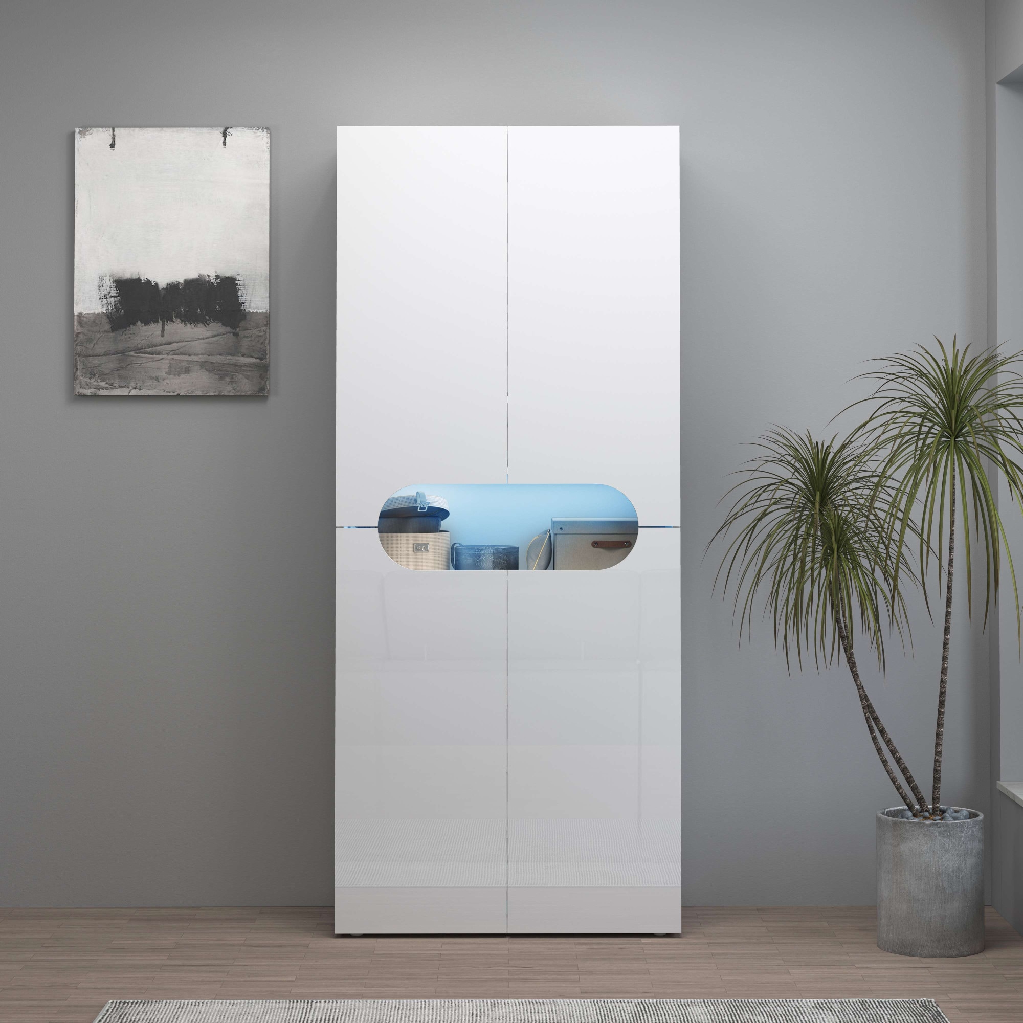 INOSIGN Schuhschrank »Real,Schuhschrank,Schuhkommode,Schuhregal,Breite 80 cm,Höhe 190 cm«, komplett Hochglanz lackiert, 4 Türen mit offenem Fach in ovaler Form