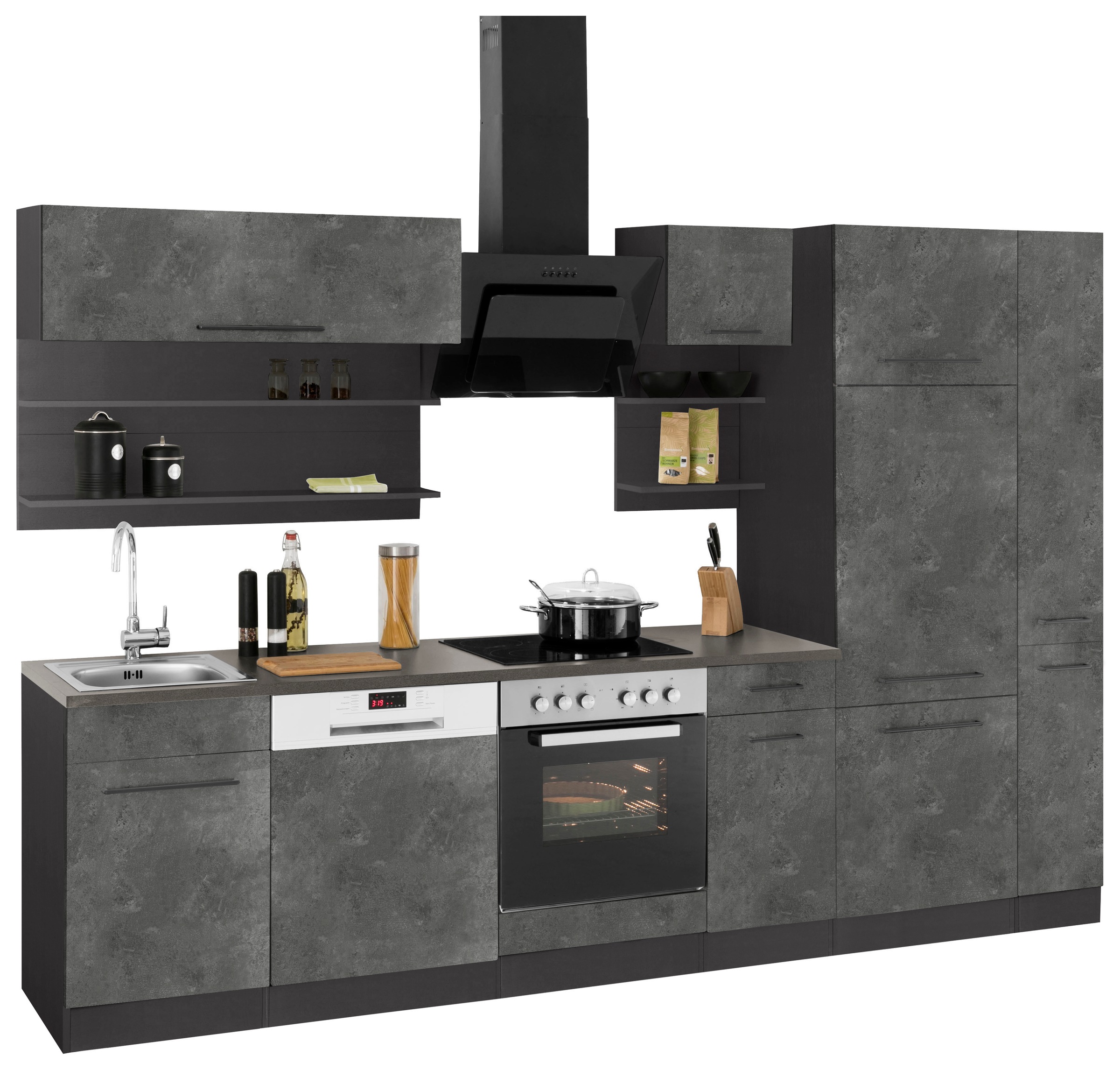 KOCHSTATION Küchenzeile "KS-Tulsa" ohne E-Geräte, Breite 300 cm, schwarze Metallgriffe, MDF Fronten