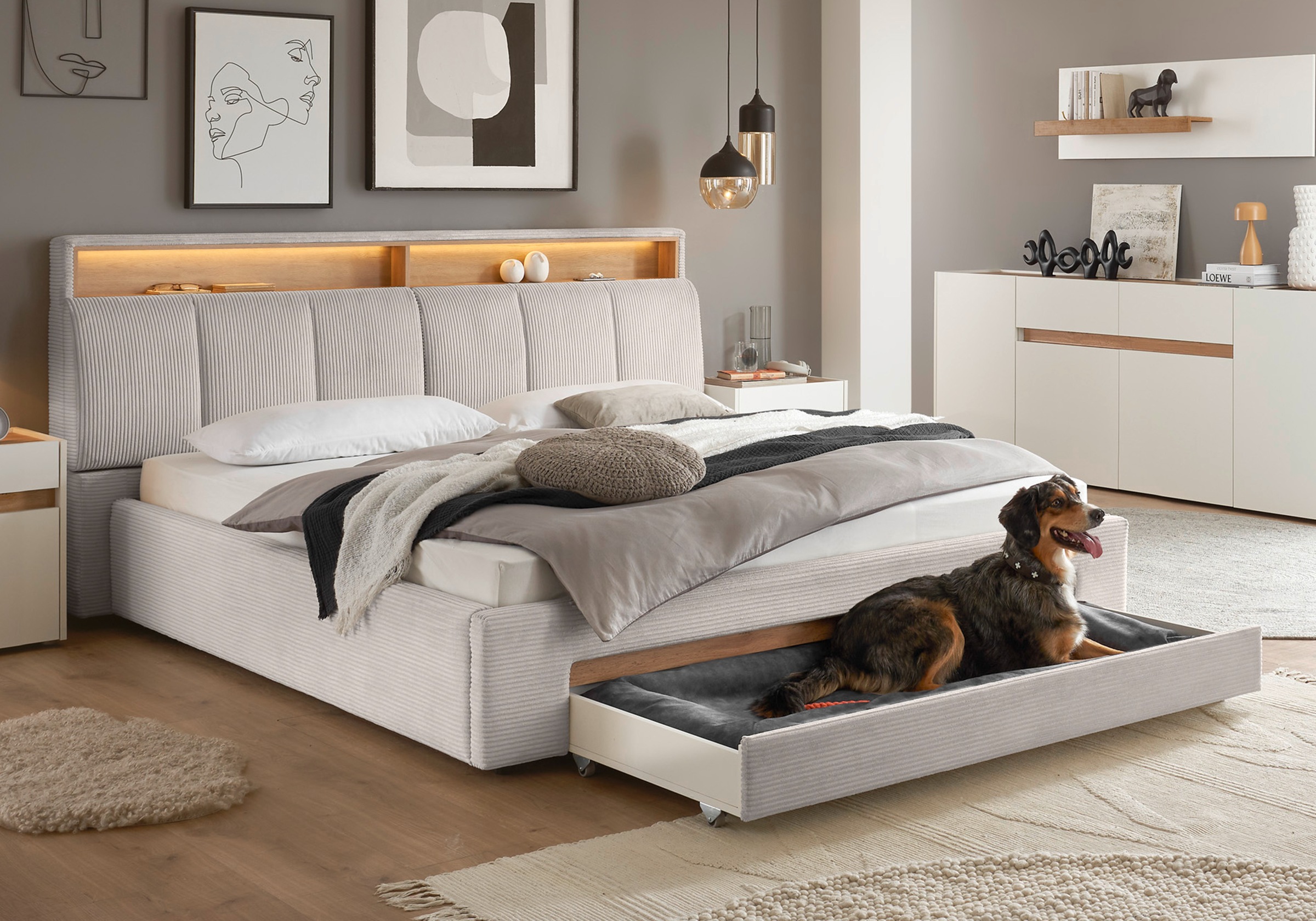 INOSIGN Polsterbett »CiTY/GiRON, gepolstertes Stauraumbett, mit LED Beleuchtung«, Bettkasten mit Hundebett oder als Stauraum, klappbare Kopfteile