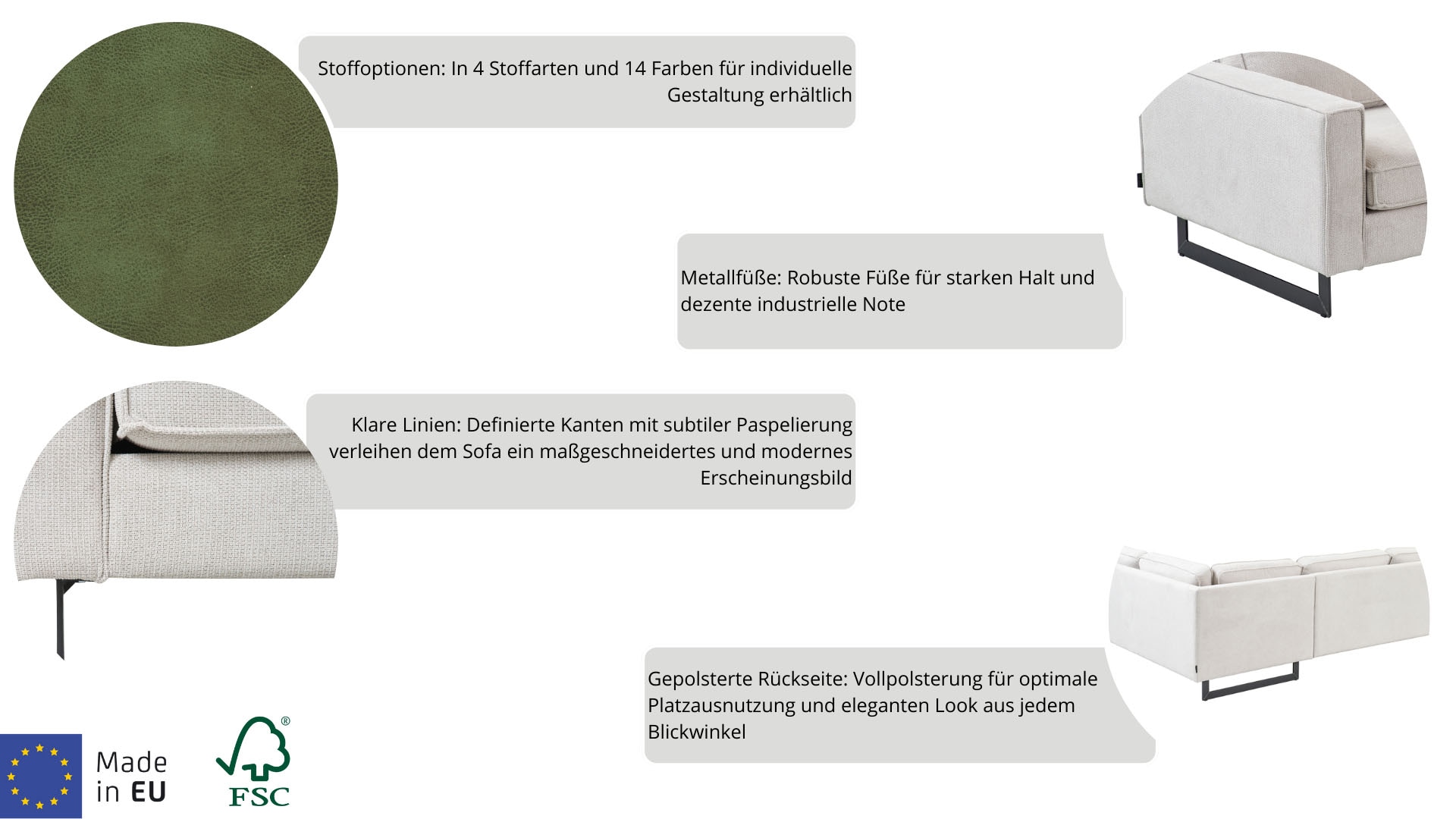 Places of Style 3-Sitzer »Pinto, 206 cm, Cord, Chenille, Lederoptik«, mit Keder, schwarze Metallfüsse, Wellenunterfederung