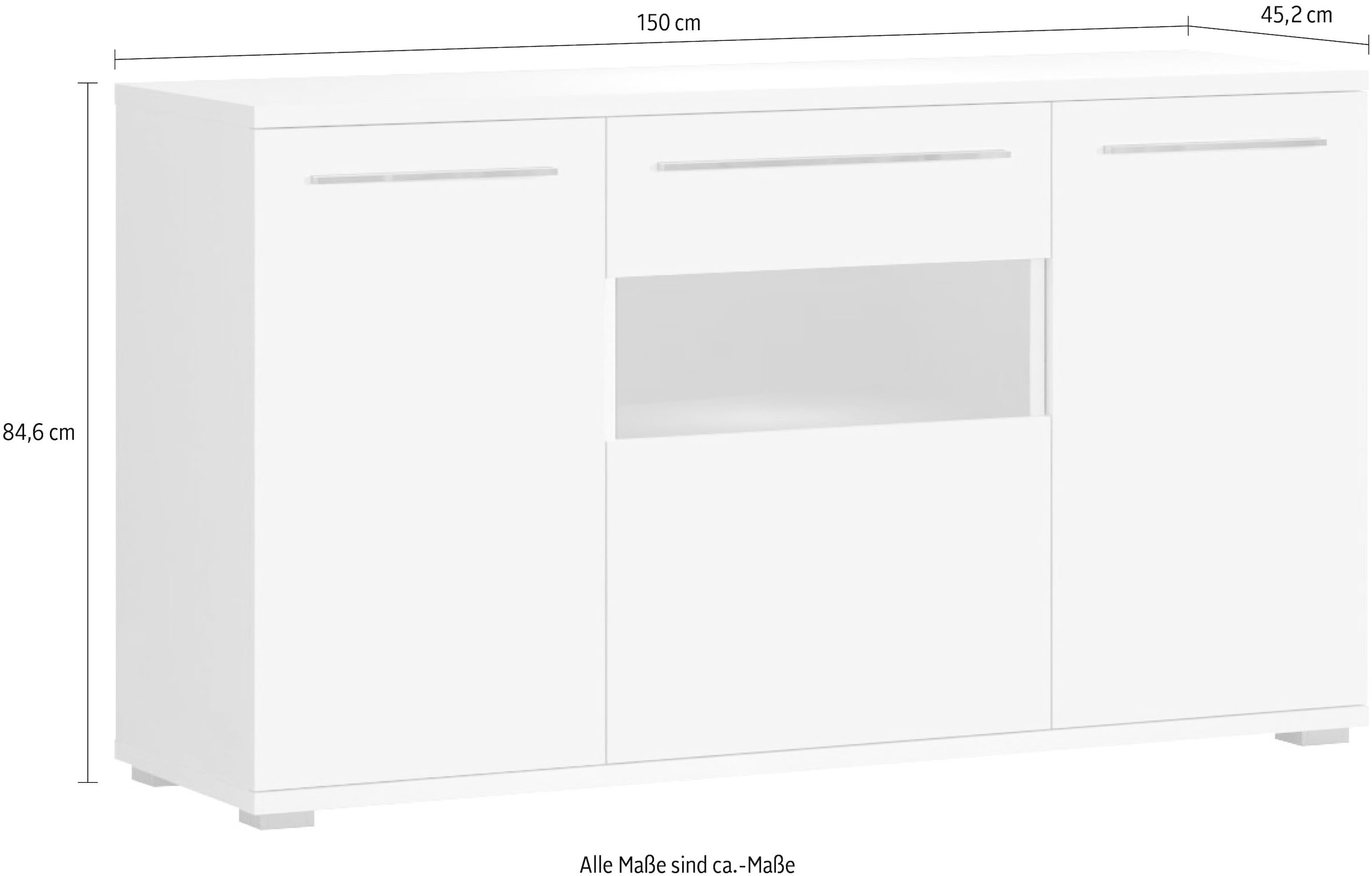 Places of Style Kommode »Piano«, (H/B/T): 84,6/150/45,2cm), Hochglanz UV lackiert, Soft-Close Funktion