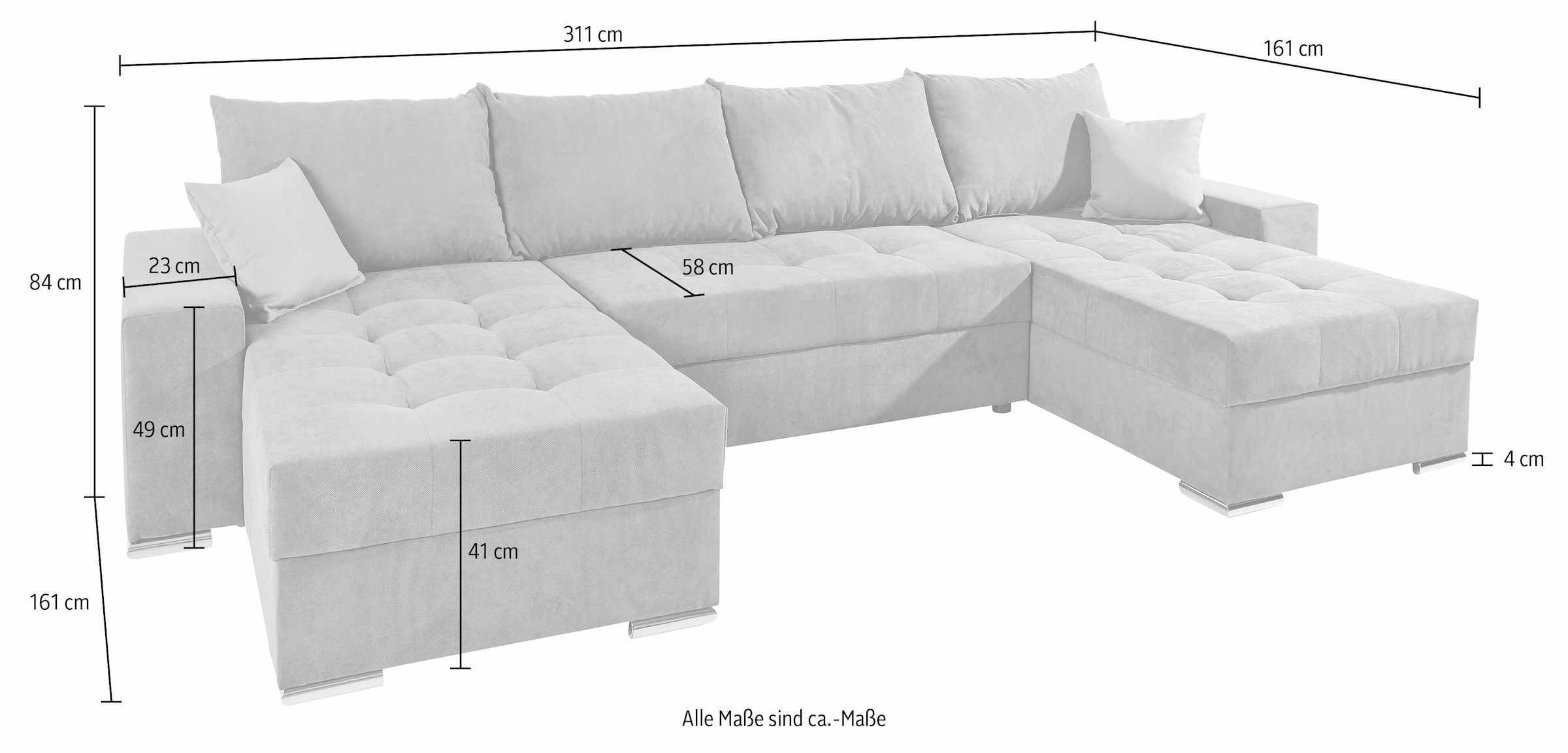 COLLECTION AB Wohnlandschaft »XL-Josy U-Form, Breite 313 cm, Flachgewebe, Struktur, Kunstleder«, inkl. Bettfunktion, Bettkasten, mit 4 gleich grossen Rückenkissen