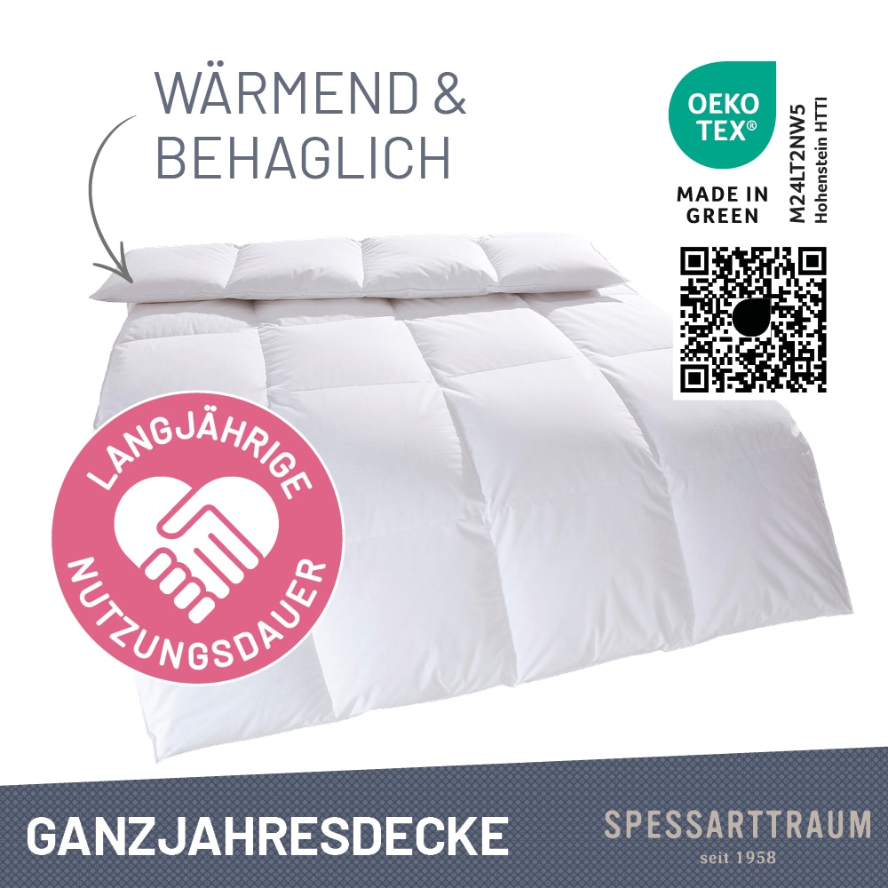 SPESSARTTRAUM Daunenbettdecke »First Class«, warm, Füllung 90% Daunen / 10% Federn, Klasse 1, Downpass zertifiziert, Bezug 100% Baumwolle, Made in Green, Hausstauballergiker geeignet, (1 St.), 5 Wärmeklassen & 6 Grössen, Bestseller
