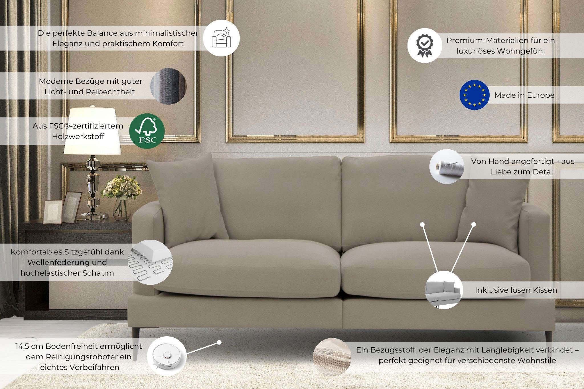 Leonique 2-Sitzer »Cozy elegantes Designsofa, Masse B/T/H: 151/97/80 cm«, mit losen Kissen und Metallbeinen