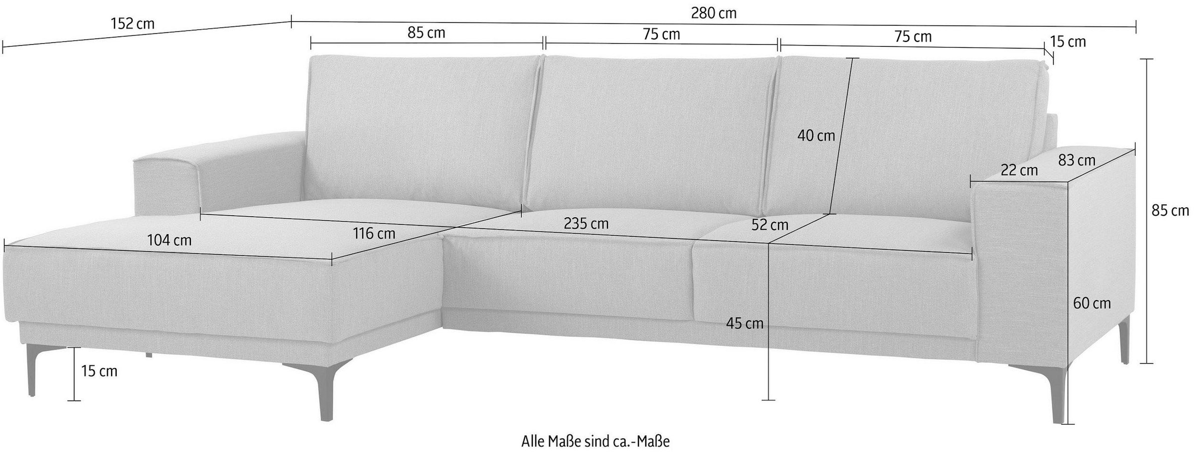 Places of Style Ecksofa »Oland«, 280 cm, im zeitlosem Design und hochwertiger Verabeitung