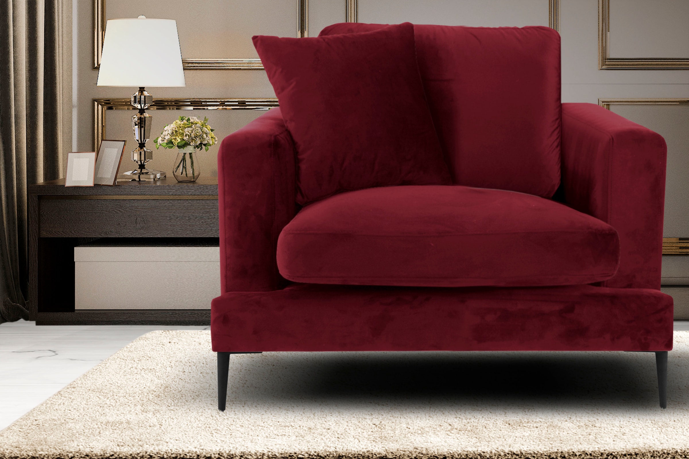 Leonique Sessel »Cozy Loungesessel, Designersessel, Masse B/T/H: 91/97/80 cm«, mit Metallbeinen und Zierkissen
