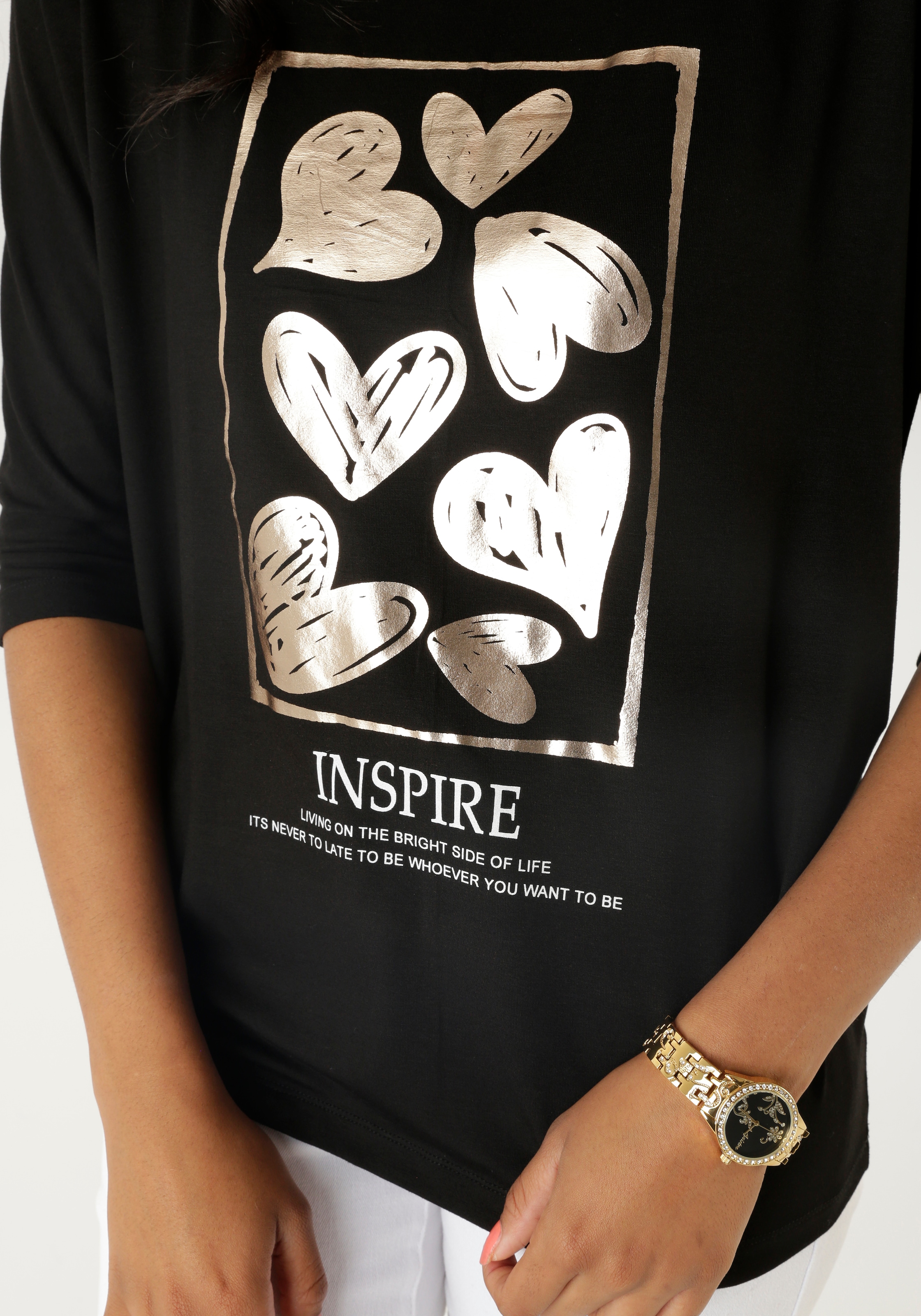Aniston SELECTED 3/4-Arm-Shirt, mit goldfarbenfarbigen Herzen und Statementspruch