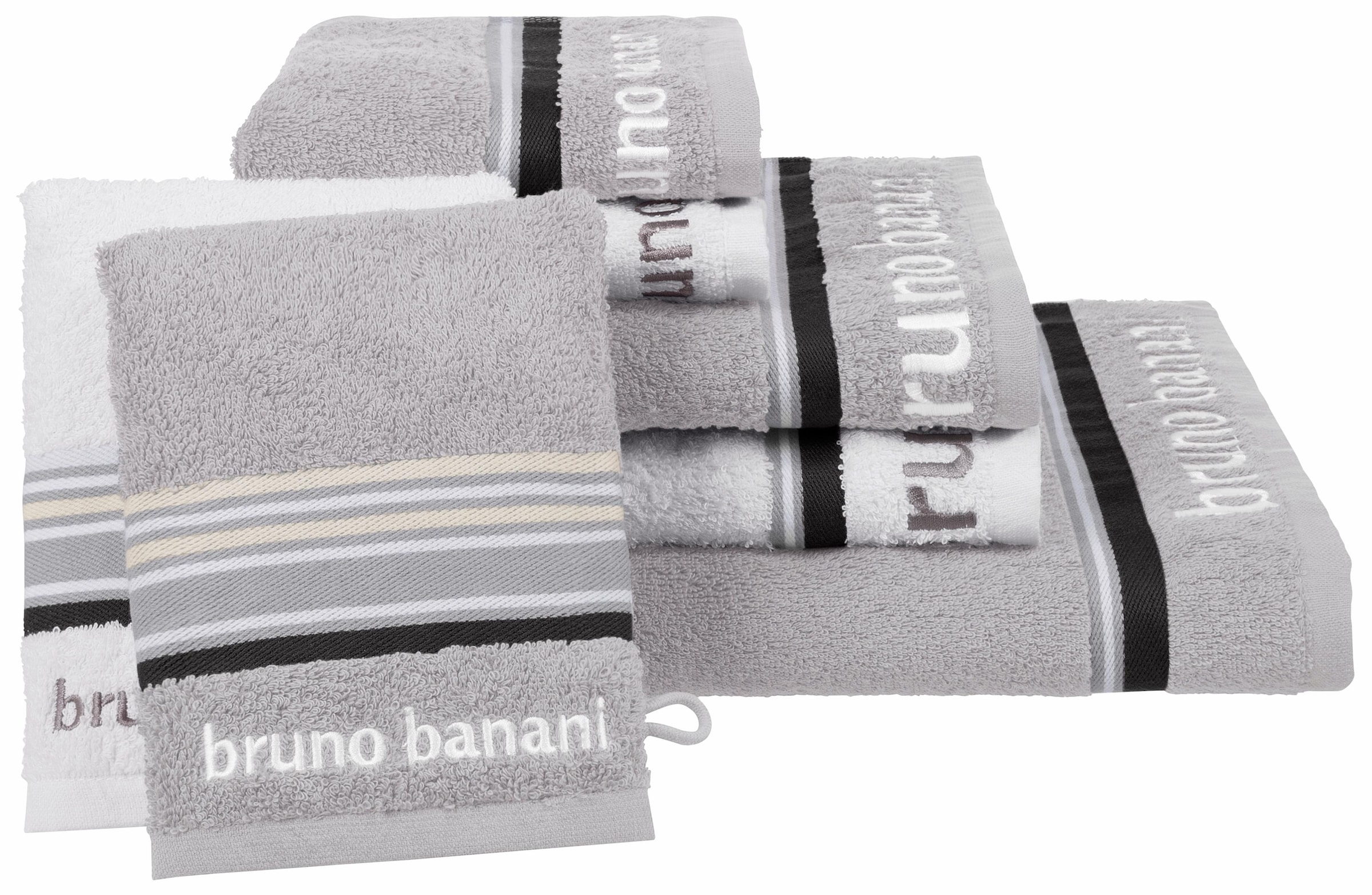 Bruno Banani Handtuch Set »Maja«, (Set, 7 St., 1 Duschtuch 70 x 140 cm-2 Handtücher 50 x 100 cm-2 Gästetücher 30 x 50 cm-2 Waschhandschuhe 16 x 21 cm), mit Bordüre und Markenlogo, 7 teiliges Handtücher Set, 100% Baumwolle