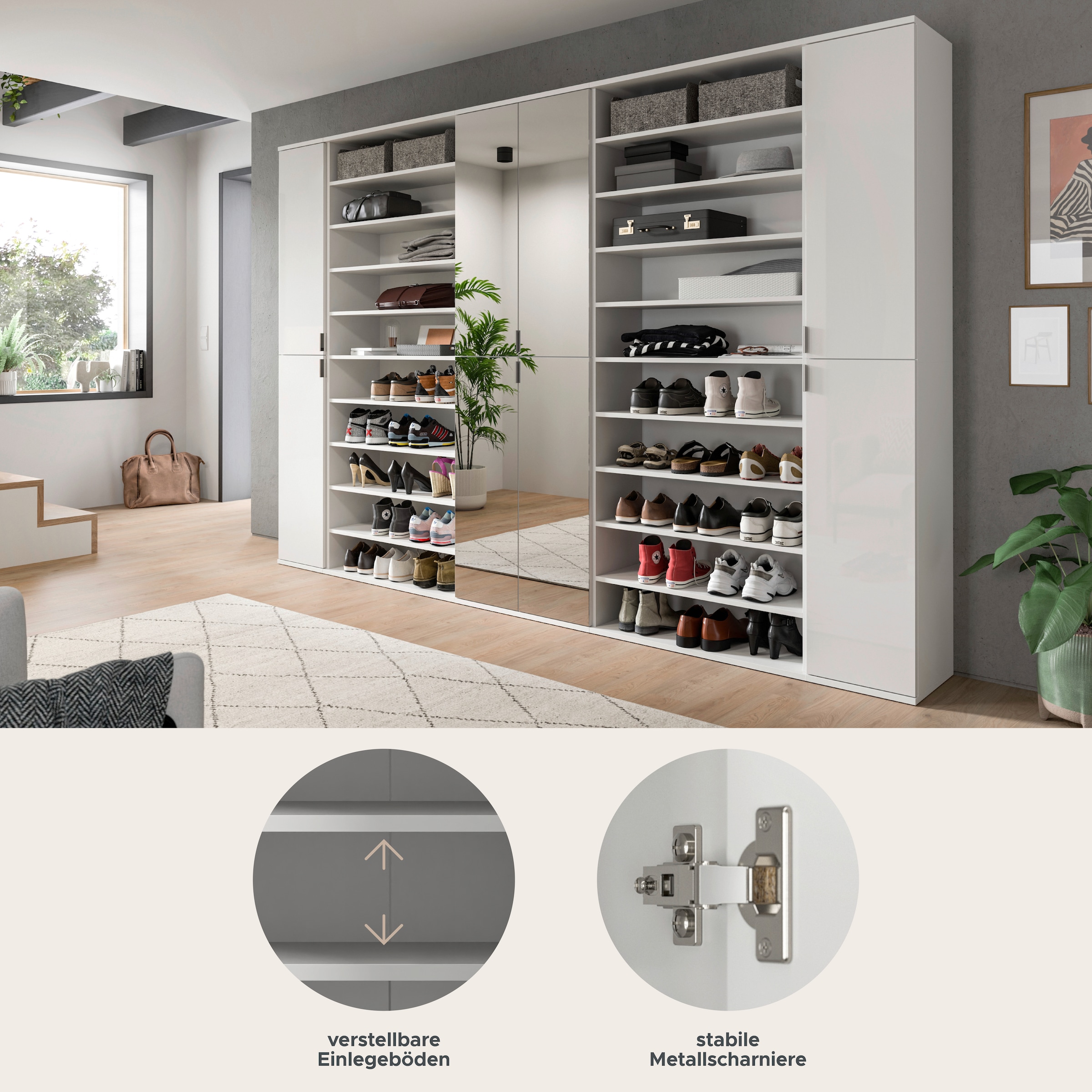 INOSIGN Garderoben-Set »Trondheim, Garderobenset 5-tlg. Breite 262 cm,«, (5 St.), hochglanz, best. aus: Spiegelschrank, 2x Schuhregal, 2x Schrank, Flur