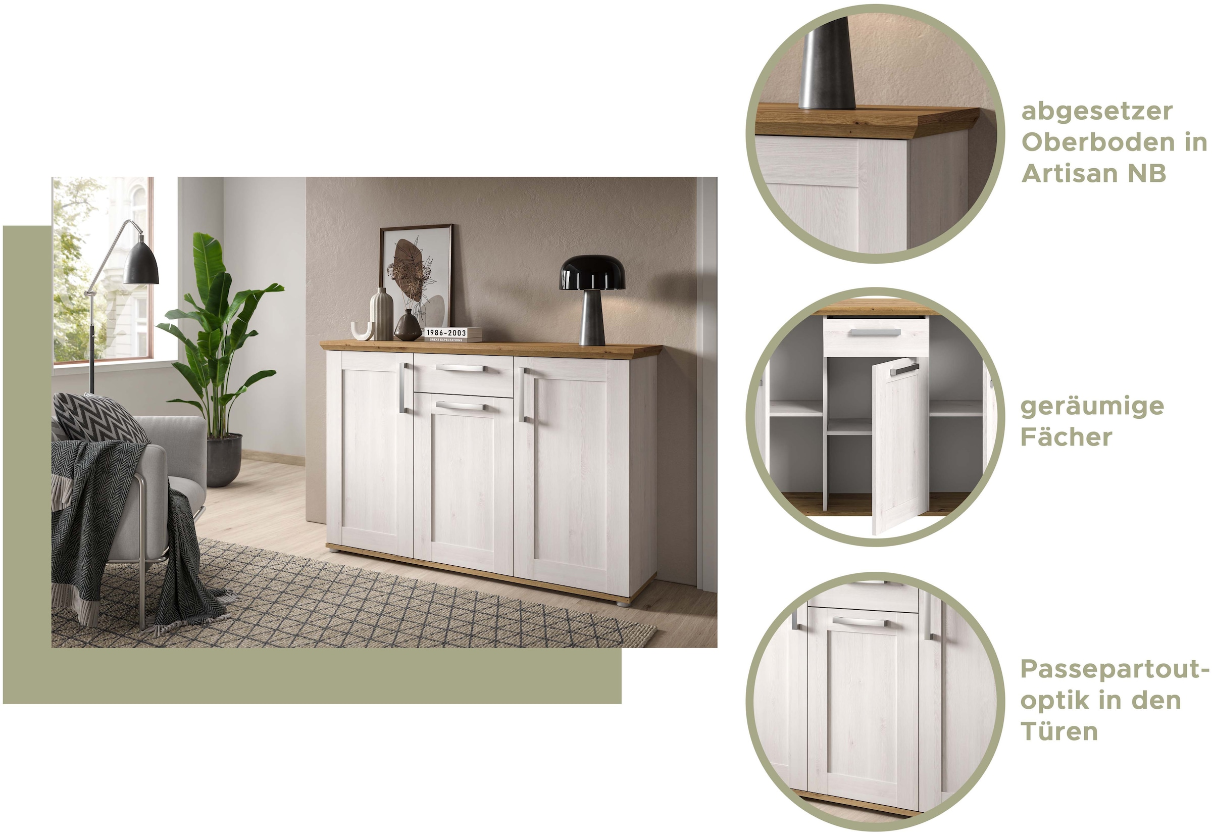 Home affaire Kommode »COSENZA, TOPSELLER!, Breite 95 cm, 2 Türen, 1 Schubkasten«, in Landhausoptik, Anrichte, Schrank, Sideboard