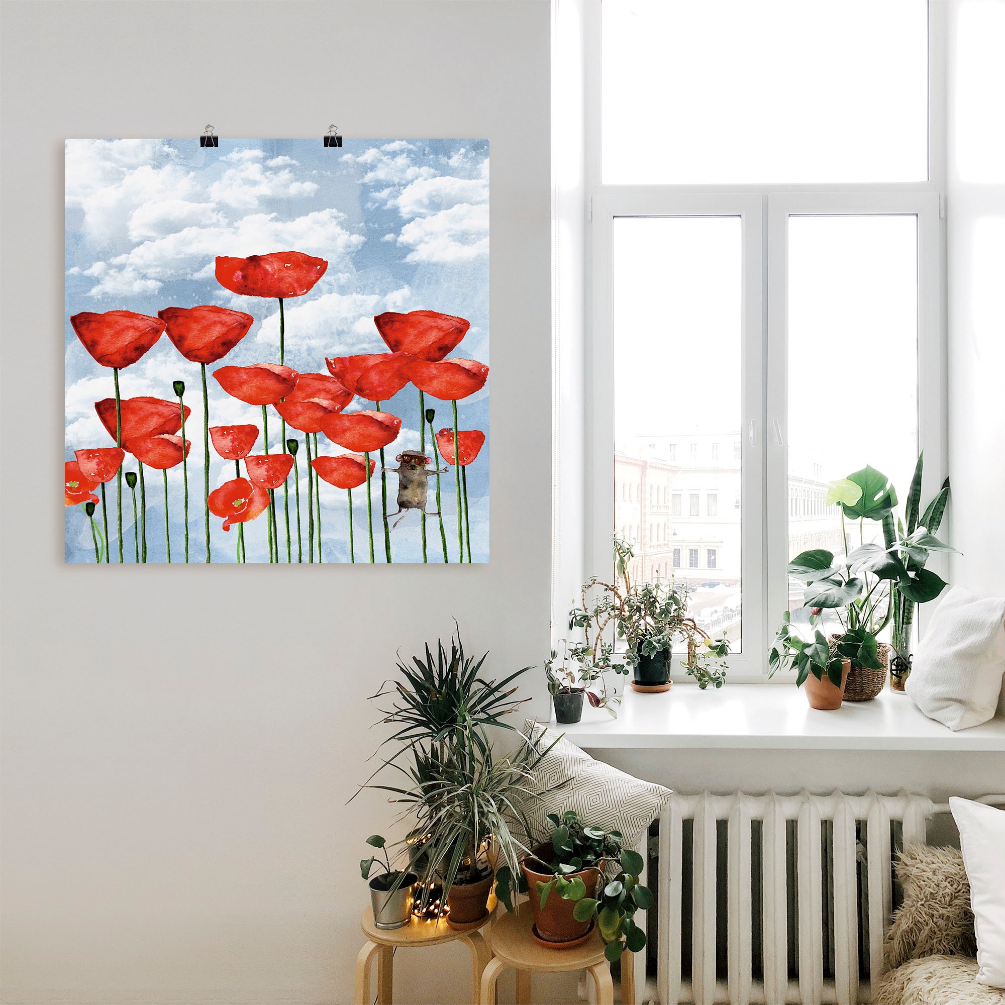 Artland Poster »Maus im Mohnfeld an einem bewölkten Tag«, Blumen, (1 St.), als Alubild, Leinwandbild, Wandaufkleber oder Poster in versch. Grössen